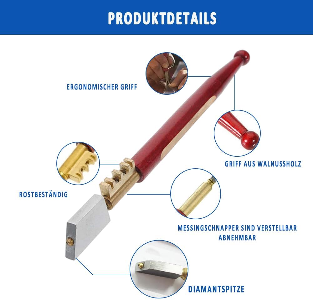 Utensile per il taglio del vetro, tagliavetro diamantato per impieghi gravosi per tagliare vetri fino a 8 mm di spessore – Manico in ottone – Manico i - 3