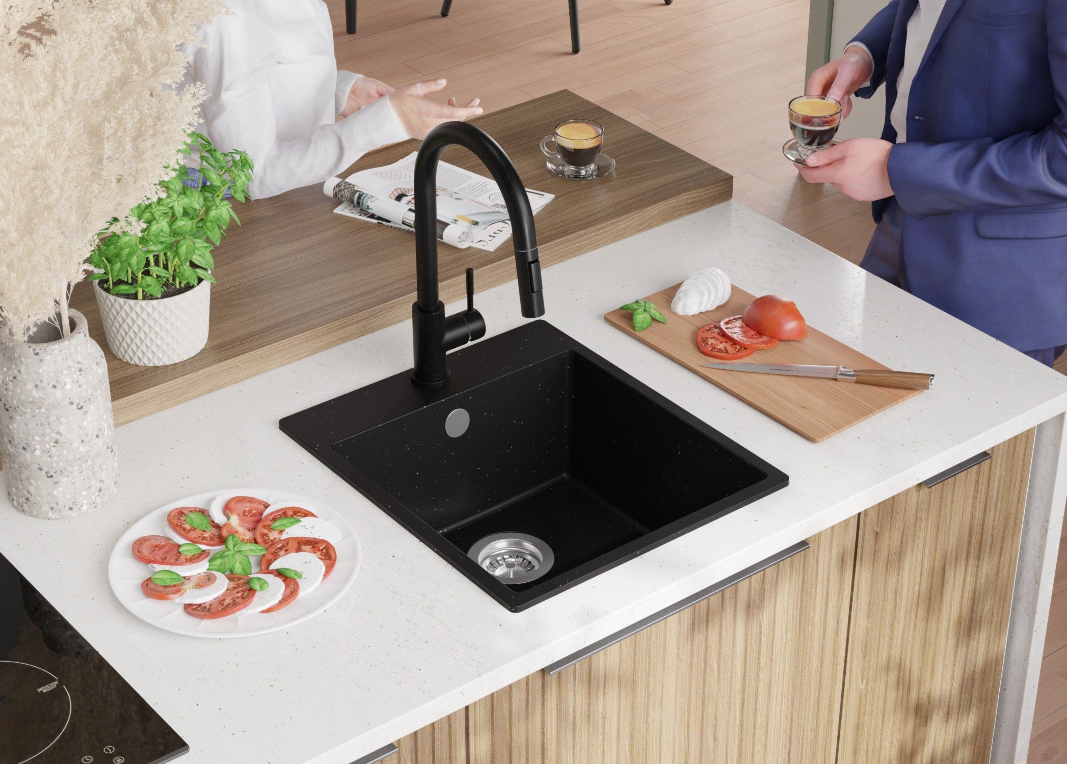 Evier Cuisine en Granit Noir Métallisé 43x50cm, Lavabo 1 bac + Kit de Vidage, Évier à Encastrer au meuble 45cm - Riga PRIMAGRAN - 8