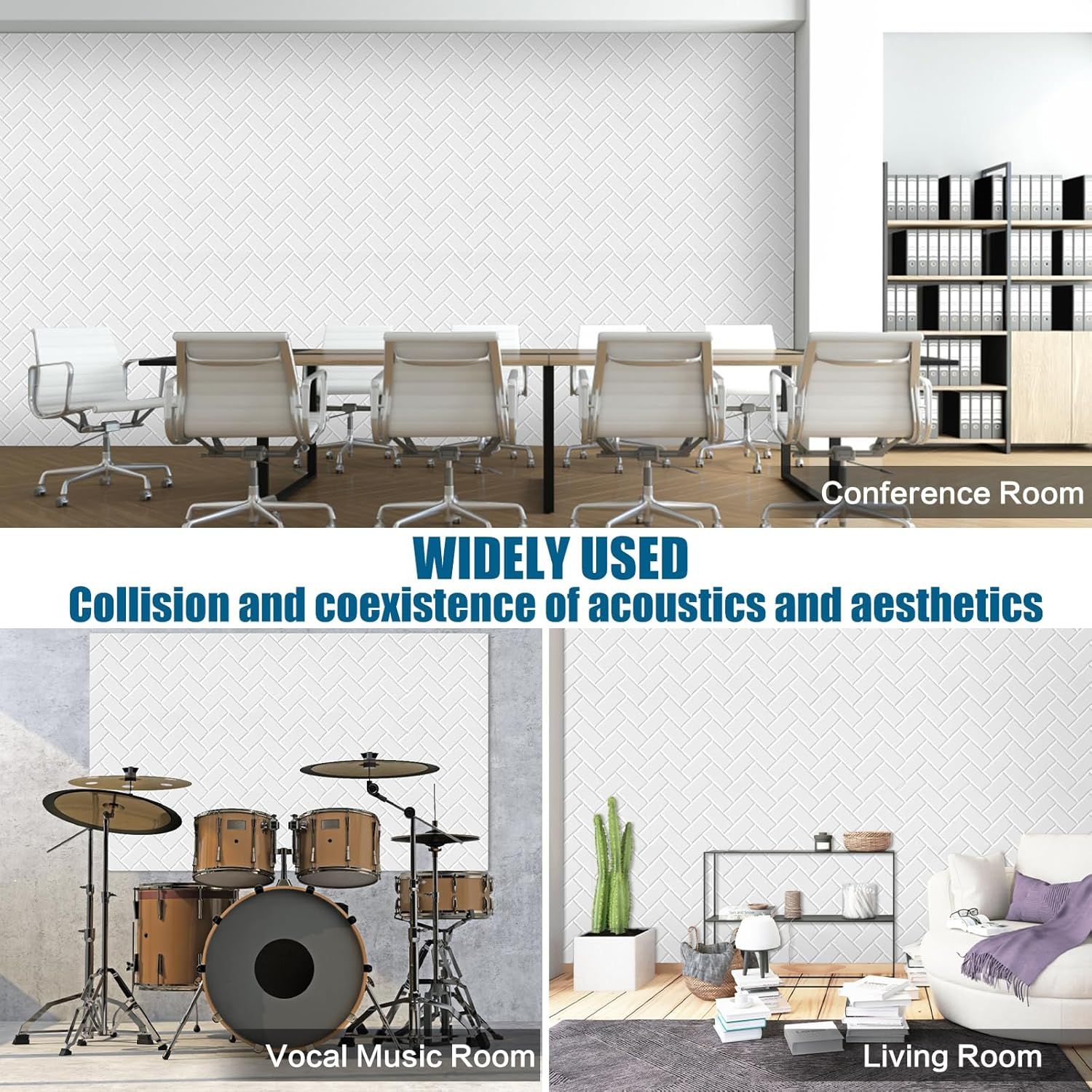 Lote de 12 paneles acústicos autoadhesivos, relleno insonorizante de poliéster, paneles murales insonorizantes de alta densidad, 30 x 30 cm, Blanco - 3