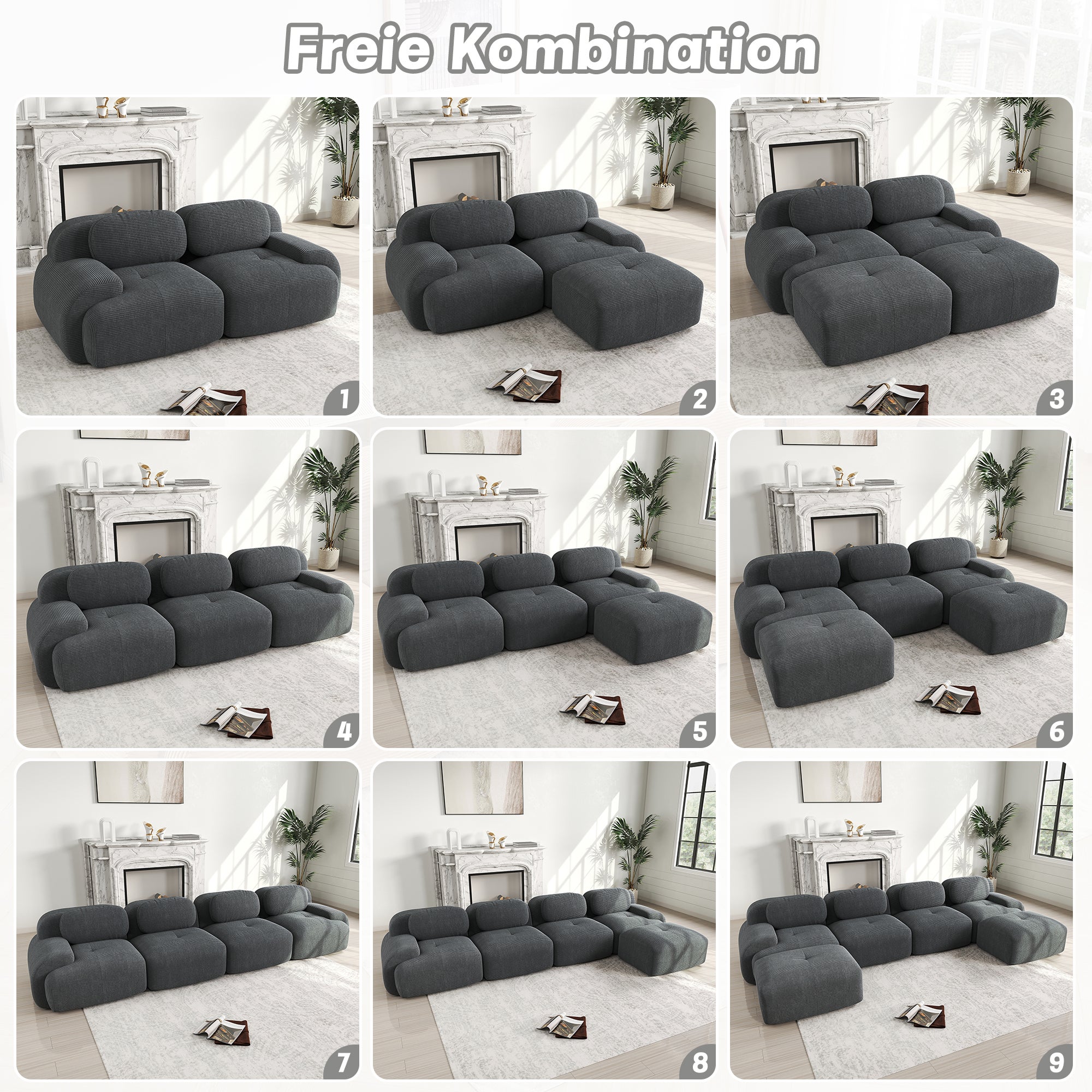 Canapé U modulable en tissu cord premium, Canapé d'Angle antidérapant, accoudoirs extra larges, rembourrage 32D, Canapé 3 Places Gris, sans montage - 8