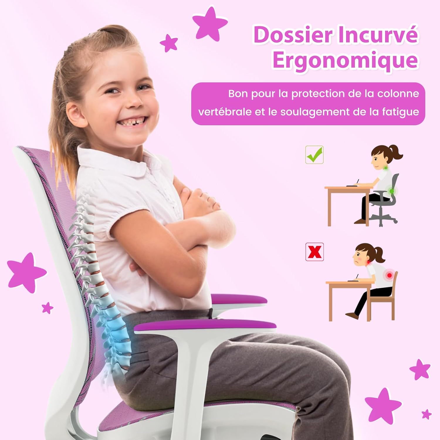 Silla de Escritorio para Niños, Silla Infantil Giratoria para Computadora con Altura Ajustable, Ruedas con Freno, Reposabrazos Lisos, Silla Er - 8
