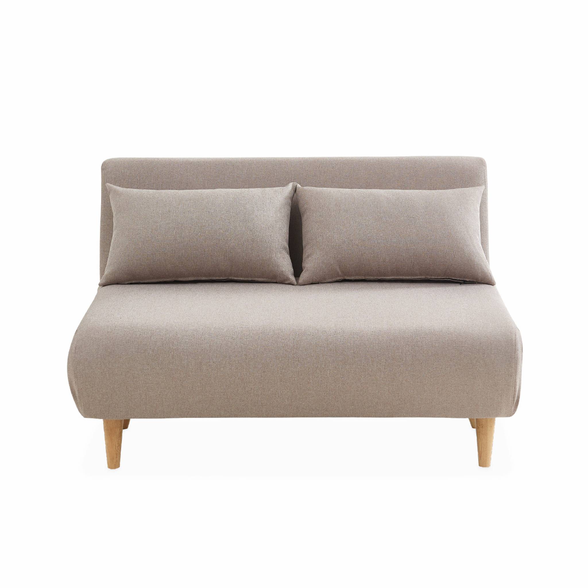 Divano letto a 2 posti in tessuto, gambe in legno, Beige - 4