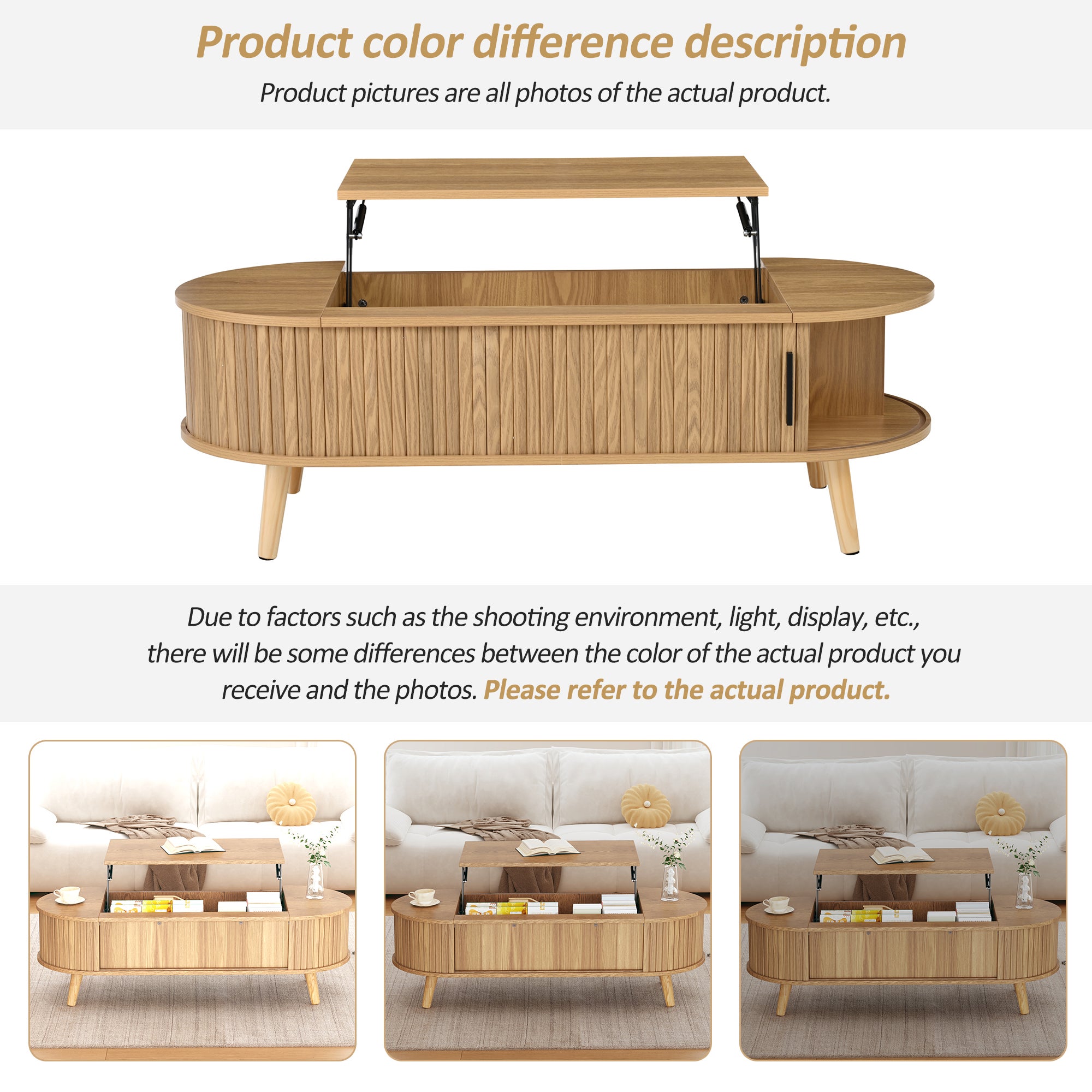 Table basse relevable 120x50x39.5 cm - 2 portes - Rangements cachés - Pieds en bois massif - Naturel - 6