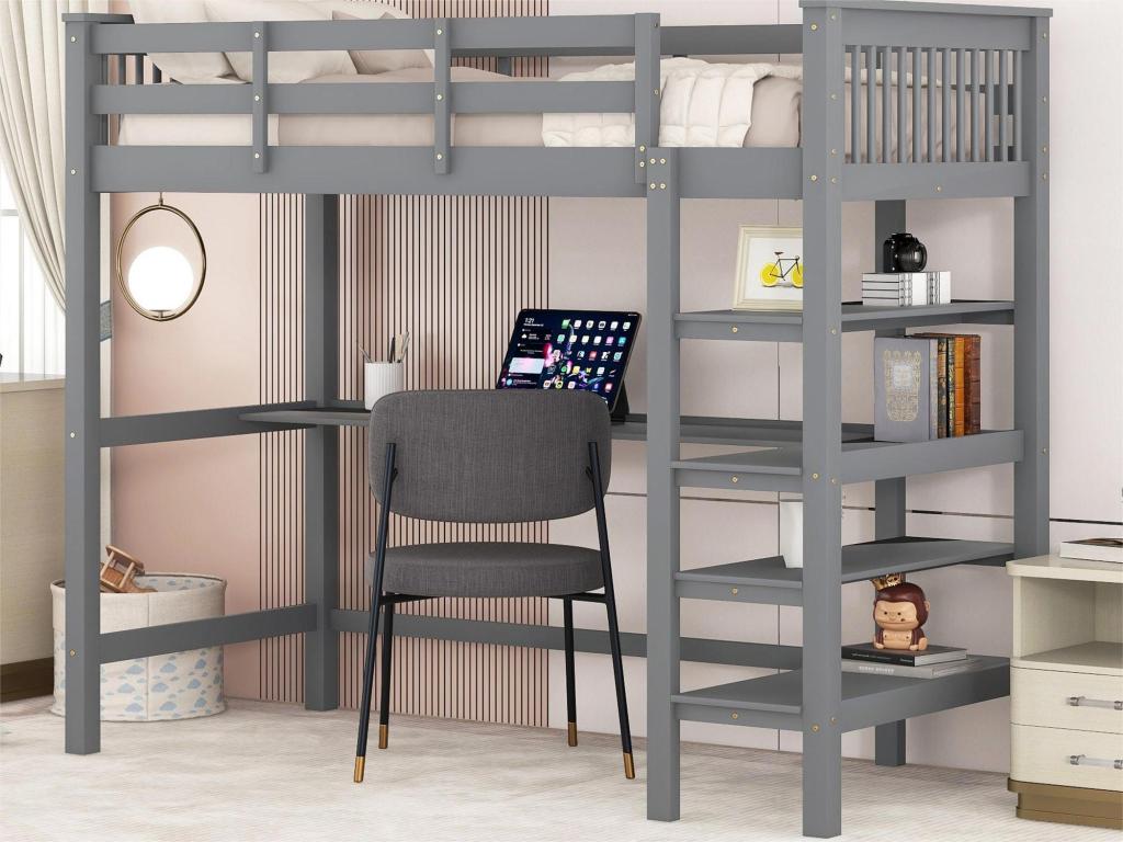 Lit Mezzanine 90x200 Avec Bureau Intégré – Étagère, LED, Prises USB – Escalier Sécurisé – Sans Matelas – Design Moderne (blanc)