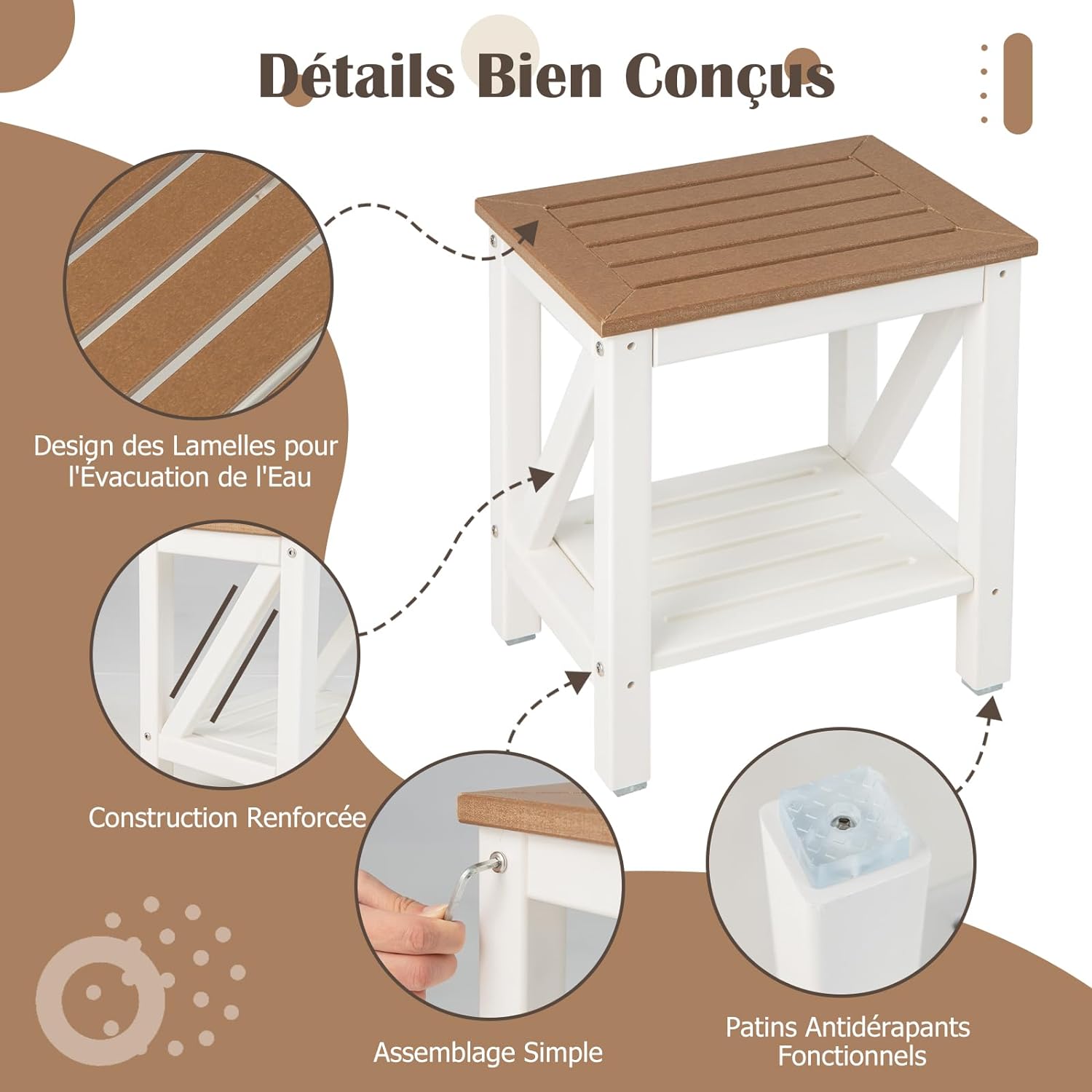 Banc de Douche étanche, 43 cm x 32 cm x 47 cm, Tabouret de Salle de Bain avec étagère de Rangement et Pieds Antidérapants - 3