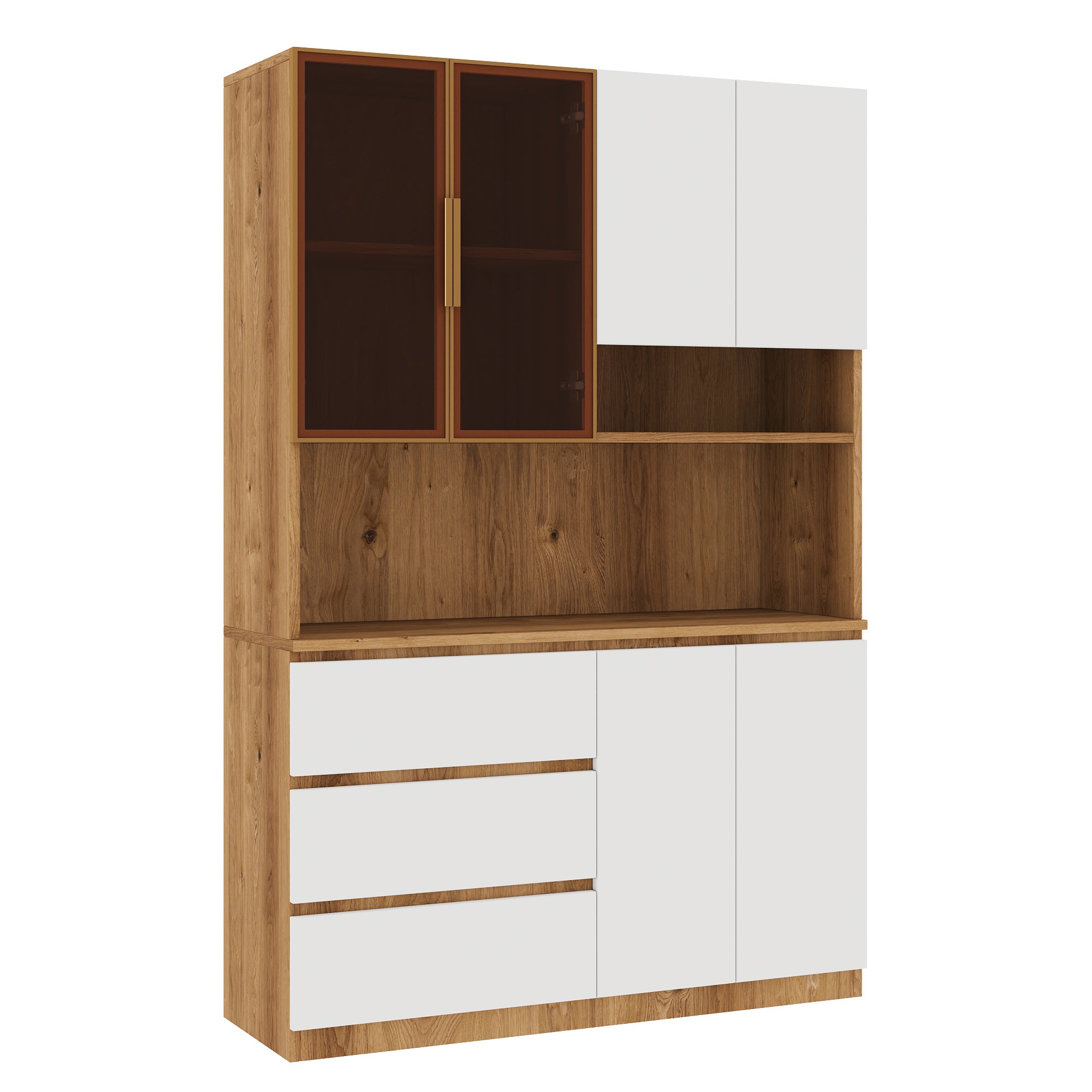 Meuble de cuisine 120,5 x 40 x 180 cm, armoire de rangement LED avec 3 tiroirs, 6 portes, étagères et niche micro-ondes, Blanc + bois naturel - 7
