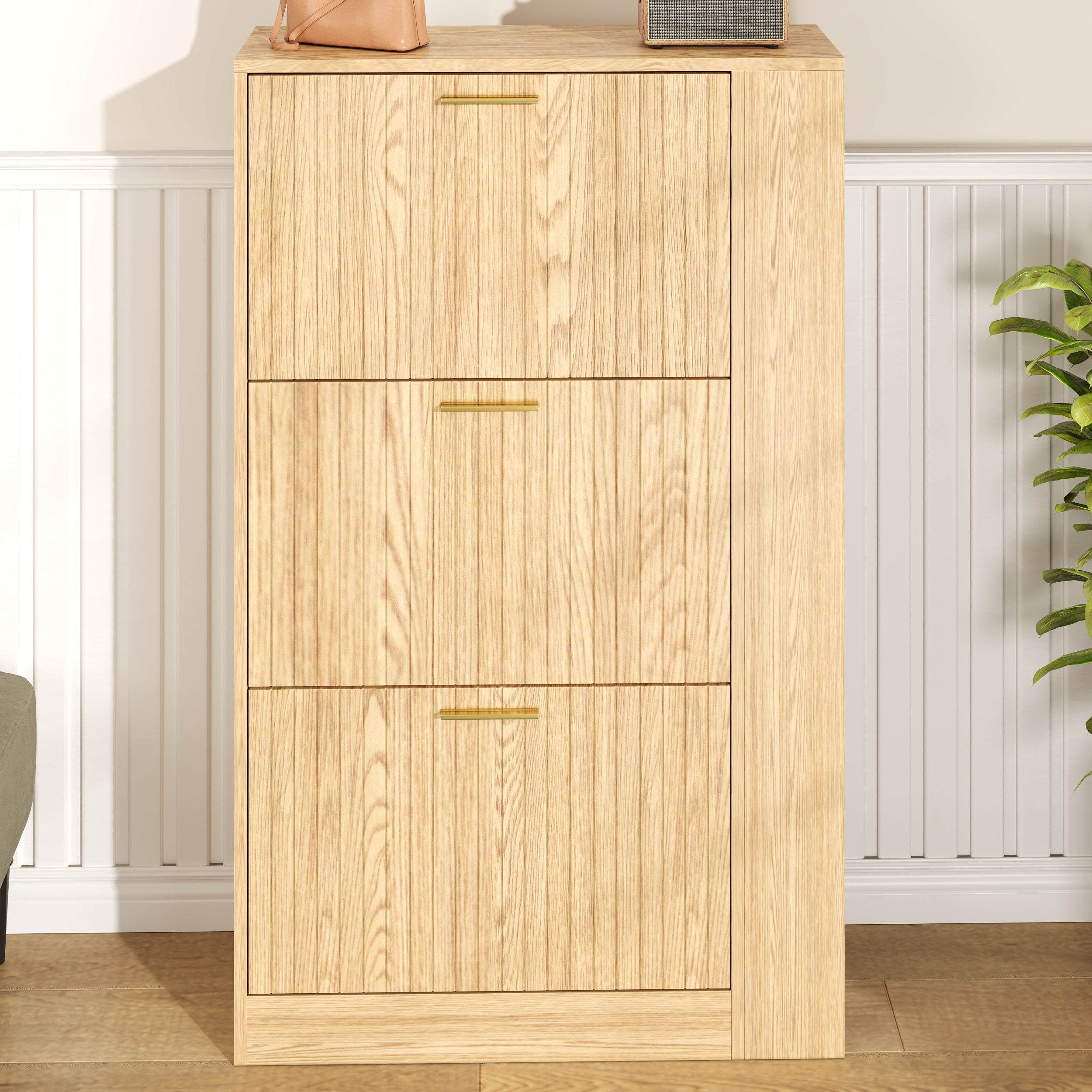 Nowoczesna szafka na buty 70x23,5x115 cm - Z 3 drzwiami - Otwarte półki - Imitacja drewna - Płyta MDF - Naturalny
