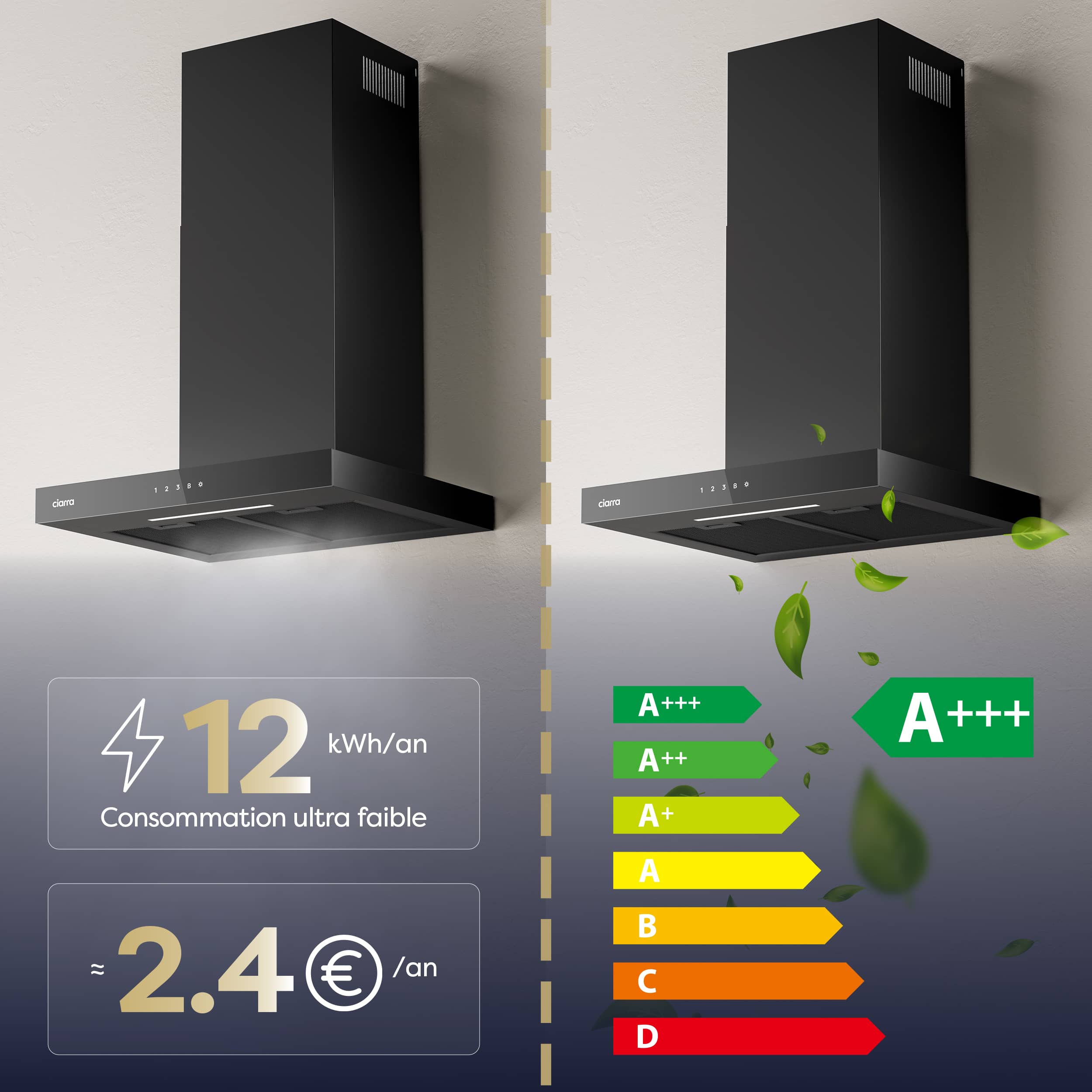 CIARRA Hotte Aspirante Murale 60 cm 706 m³/h Classe A+++ Commandes Tactiles WiFi 4 Vitesses Booster Silencieuse Noir CD6102B - 5