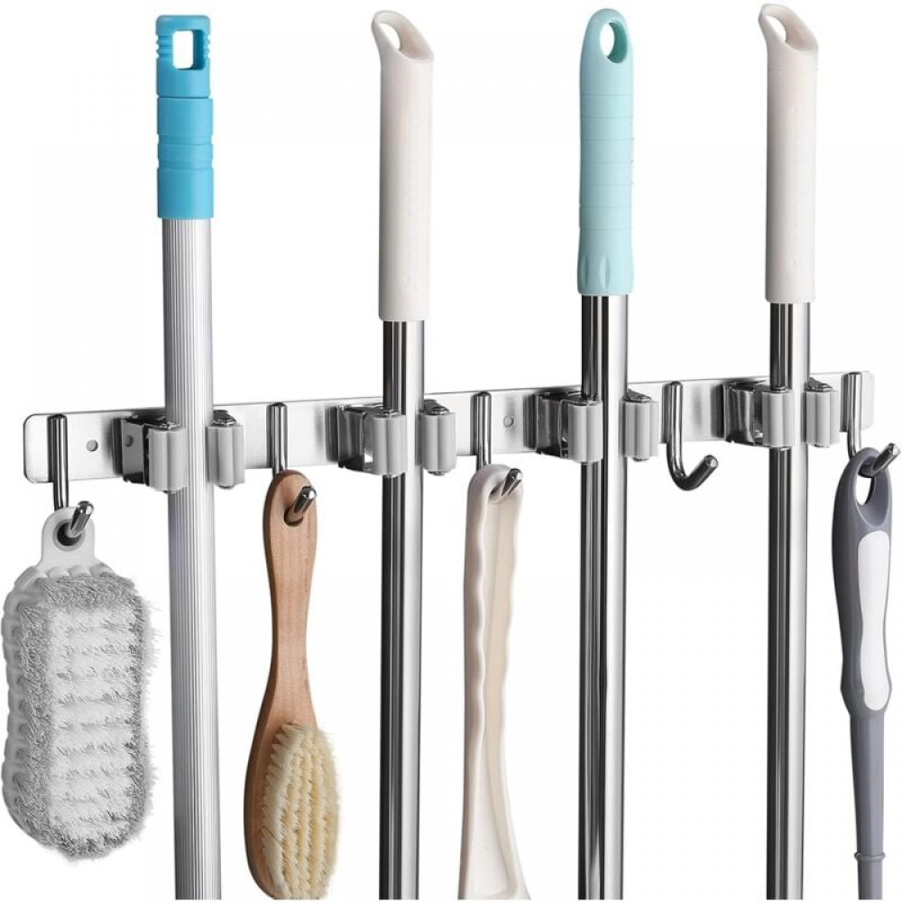 Wieszak na miotłę ze stali nierdzewnej, montowany na ścianie, z 4 otworami i 5 haczykami, do kuchni, łazienki, garażu i ogrodu, szary