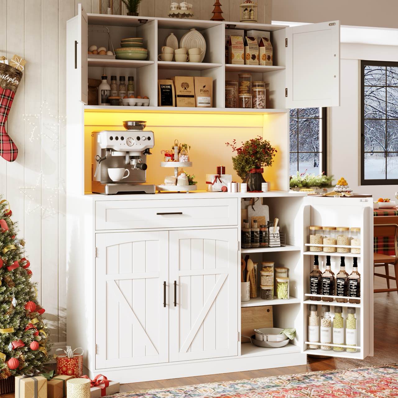 Kredens kuchenny z 5 drzwiami, 1 szufladą i 2 otwartymi przegrodami - 110 x 38 x 180 cm - diody LED i port ładowania - płyta MDF - biały - 4