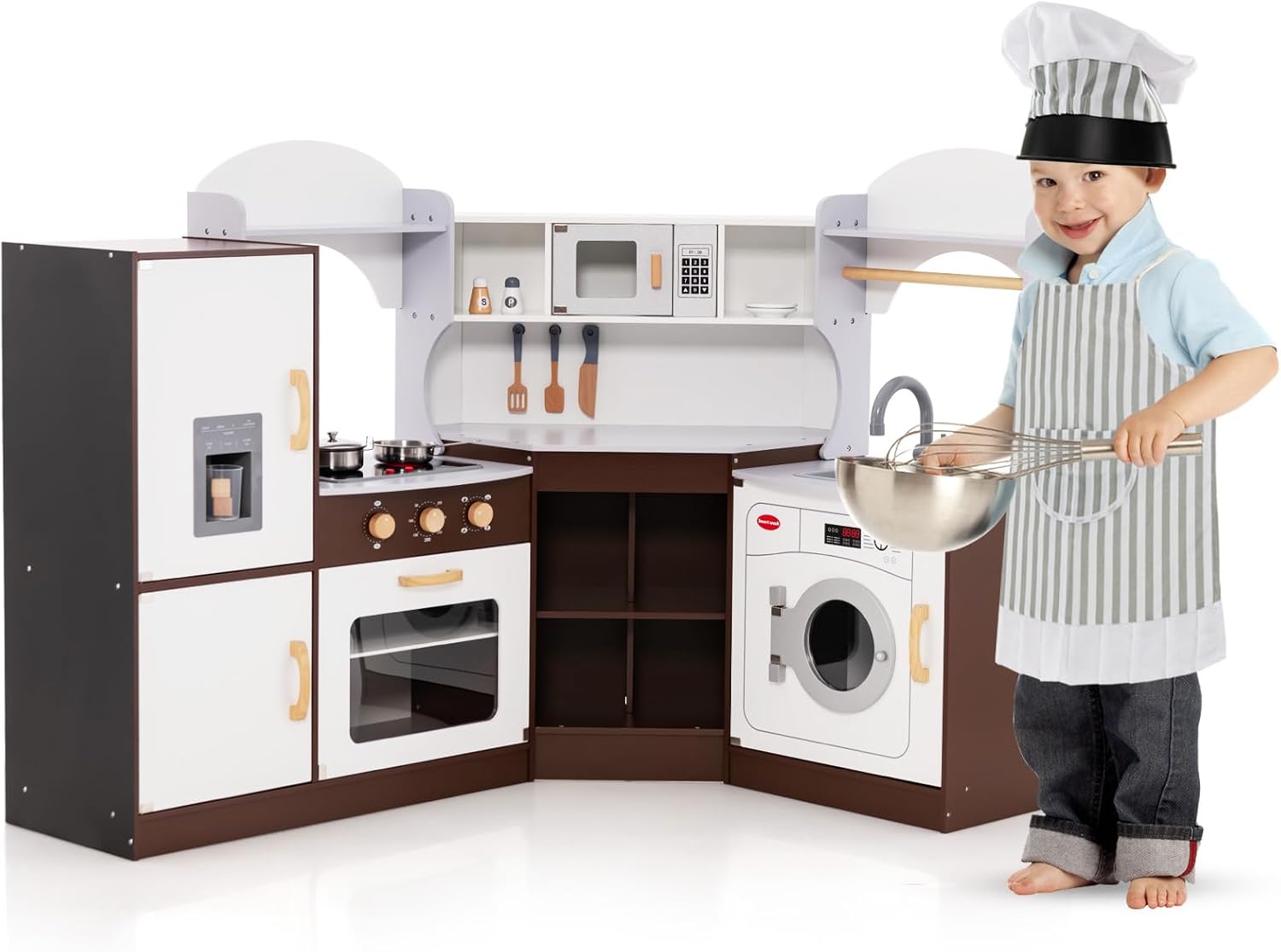 Drewniana Kuchnia dla Dzieci, Kuchnia Narożna z Kostkarką do Lodu, Kuchenką Mikrofalową, Kuchenką, Piekarnikiem, dla Dzieci w Wieku 3-10 Lat