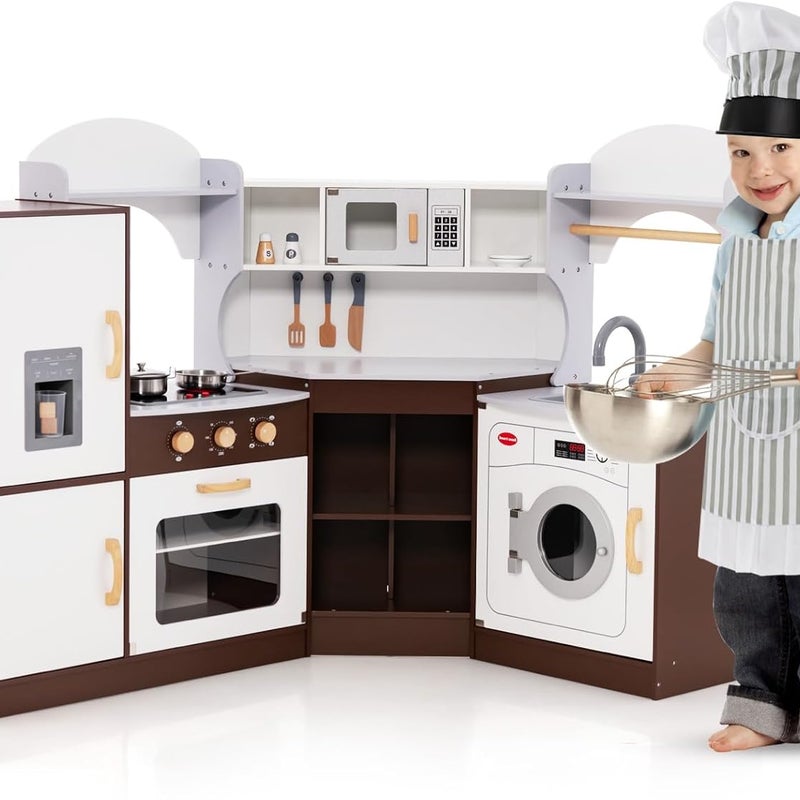 Drewniana Kuchnia dla Dzieci, Kuchnia Narożna z Kostkarką do Lodu, Kuchenką Mikrofalową, Kuchenką, Piekarnikiem, dla Dzieci w Wieku 3-10 Lat