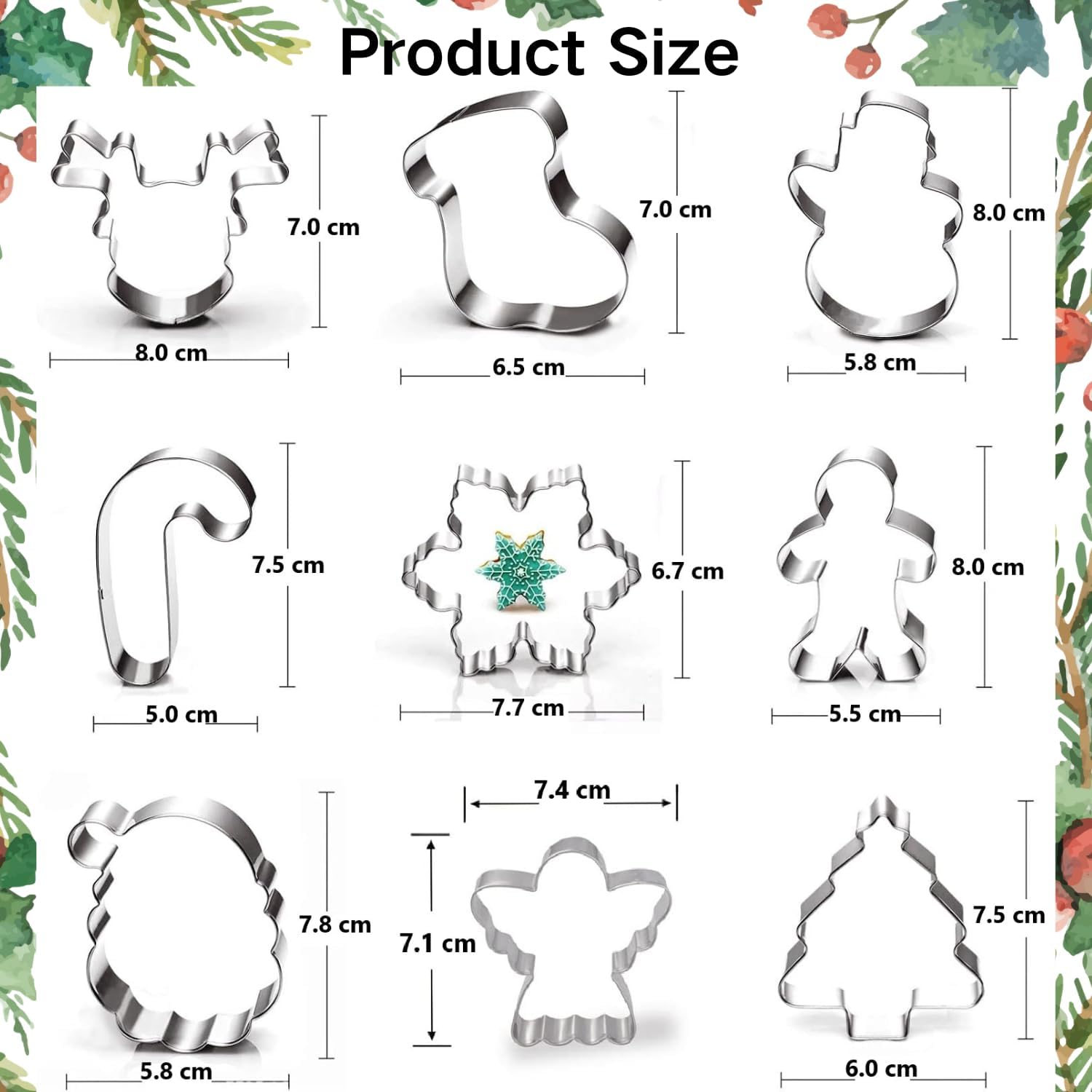 Cortadores de galletas navideños - 9 piezas - hombre de jengibre, copo de nieve, reno, ángel, árbol de Navidad, muñeco de nieve, cara de Papá Noel - 2