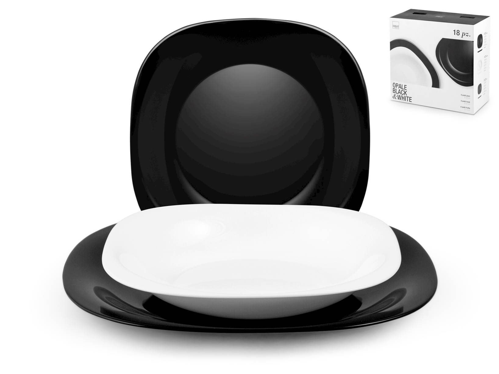 H&h servizio piatti 18 pezzi black&white in vetro opale bianco e nero