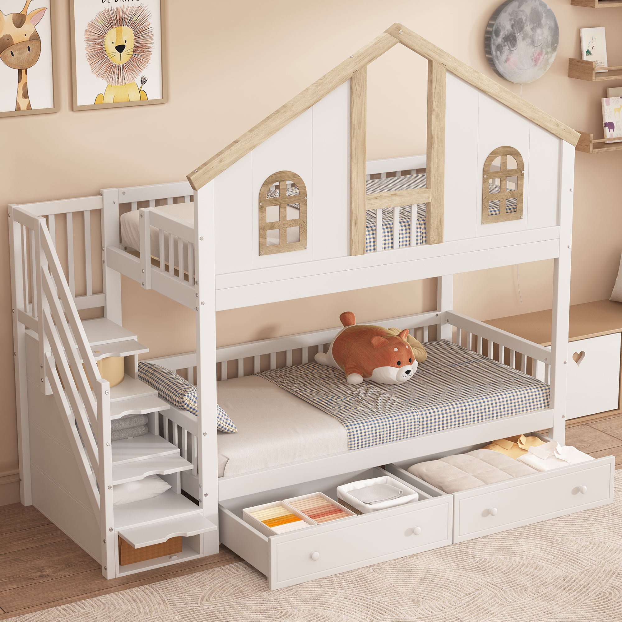 Lit superposé avec escalier de rangement et 2 tiroirs sous le lit - 90x200 cm - avec sommier à lattes - Blanc & Naturel - 3