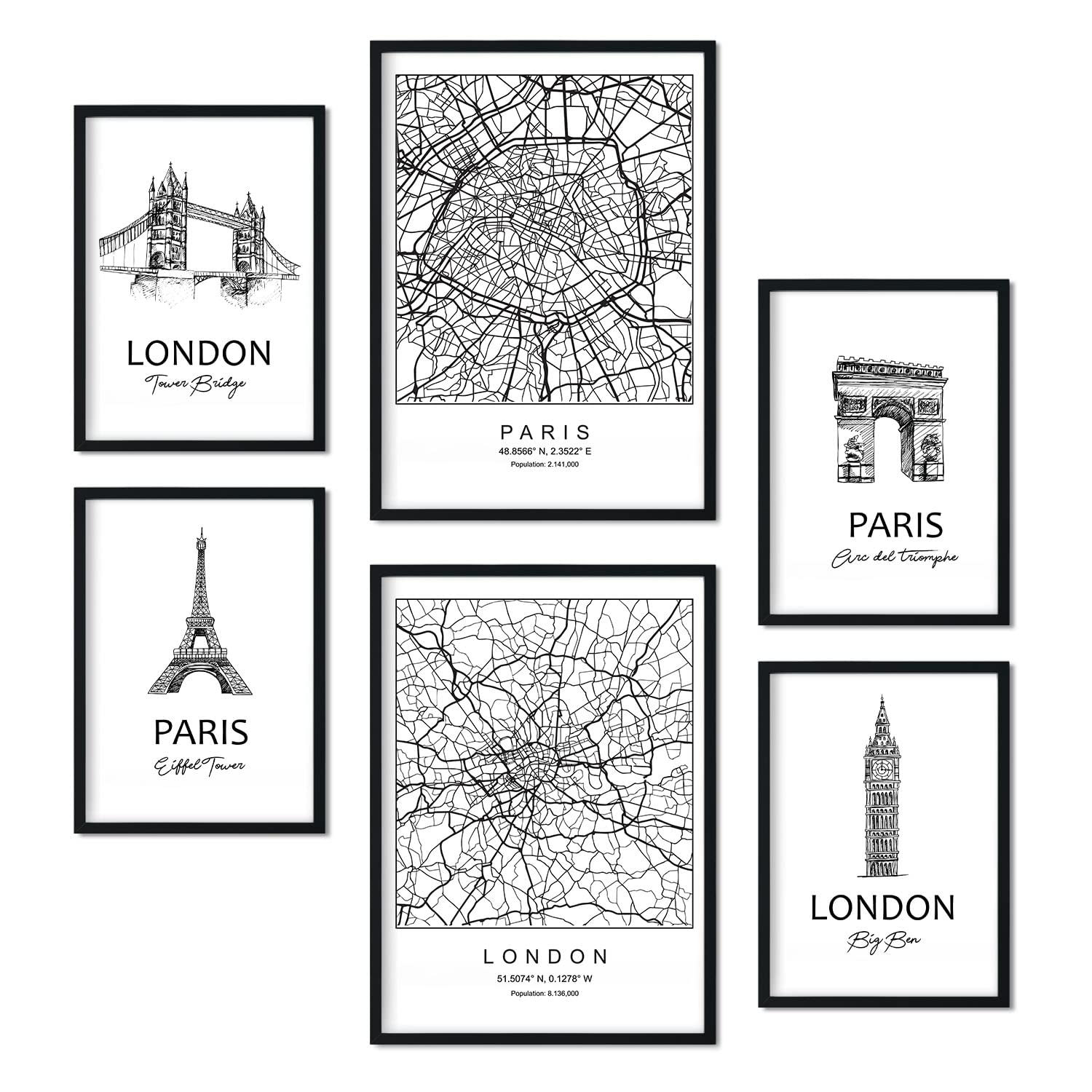 Set de 6 pósteres de paris y londres. coleccion de láminas con estetica collage para la tamanos a3 y a4 sin marco