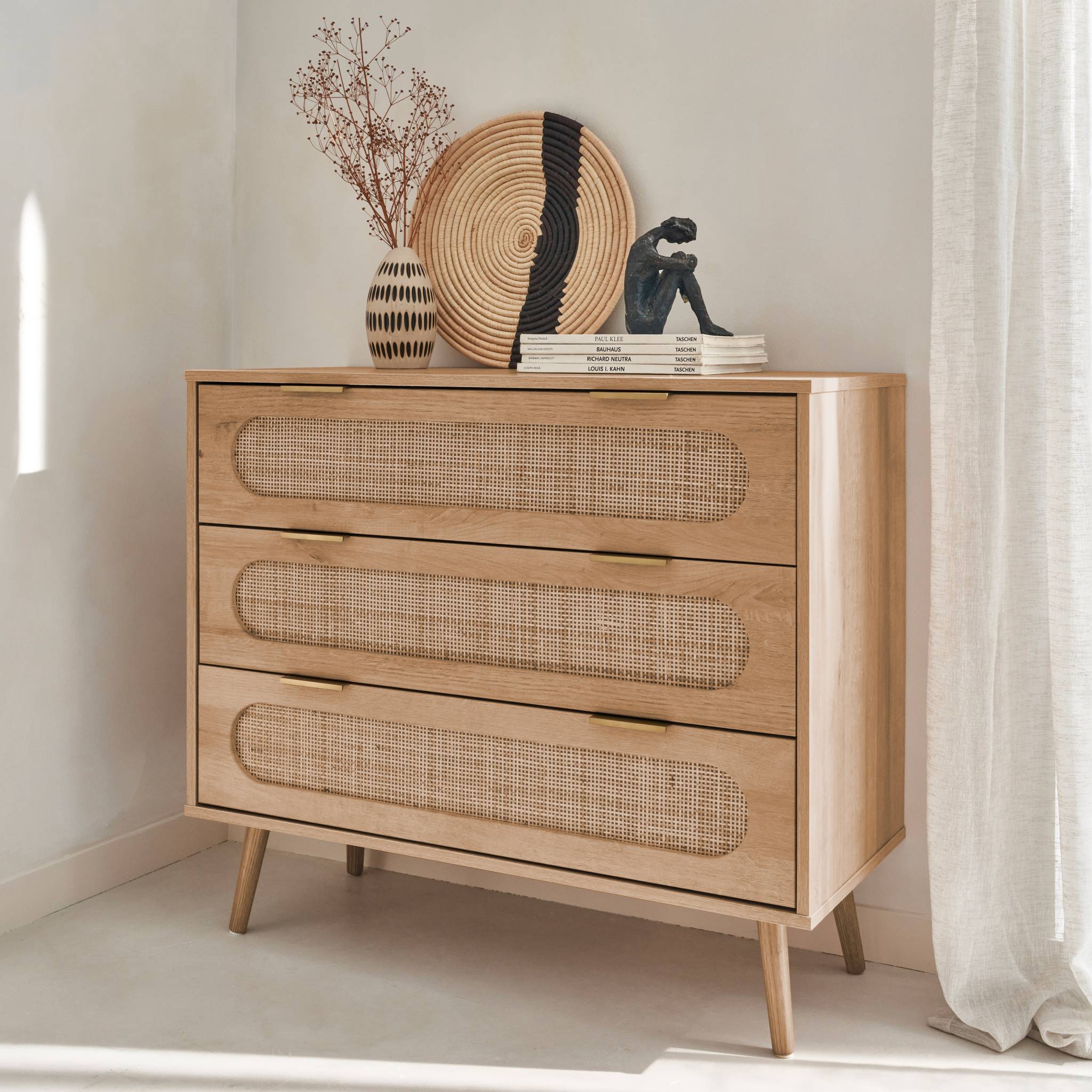 Commode. Eva. décor bois et cannage arrondi. 3 tiroirs L 90 x l 39 x H 79cm EVA - 3