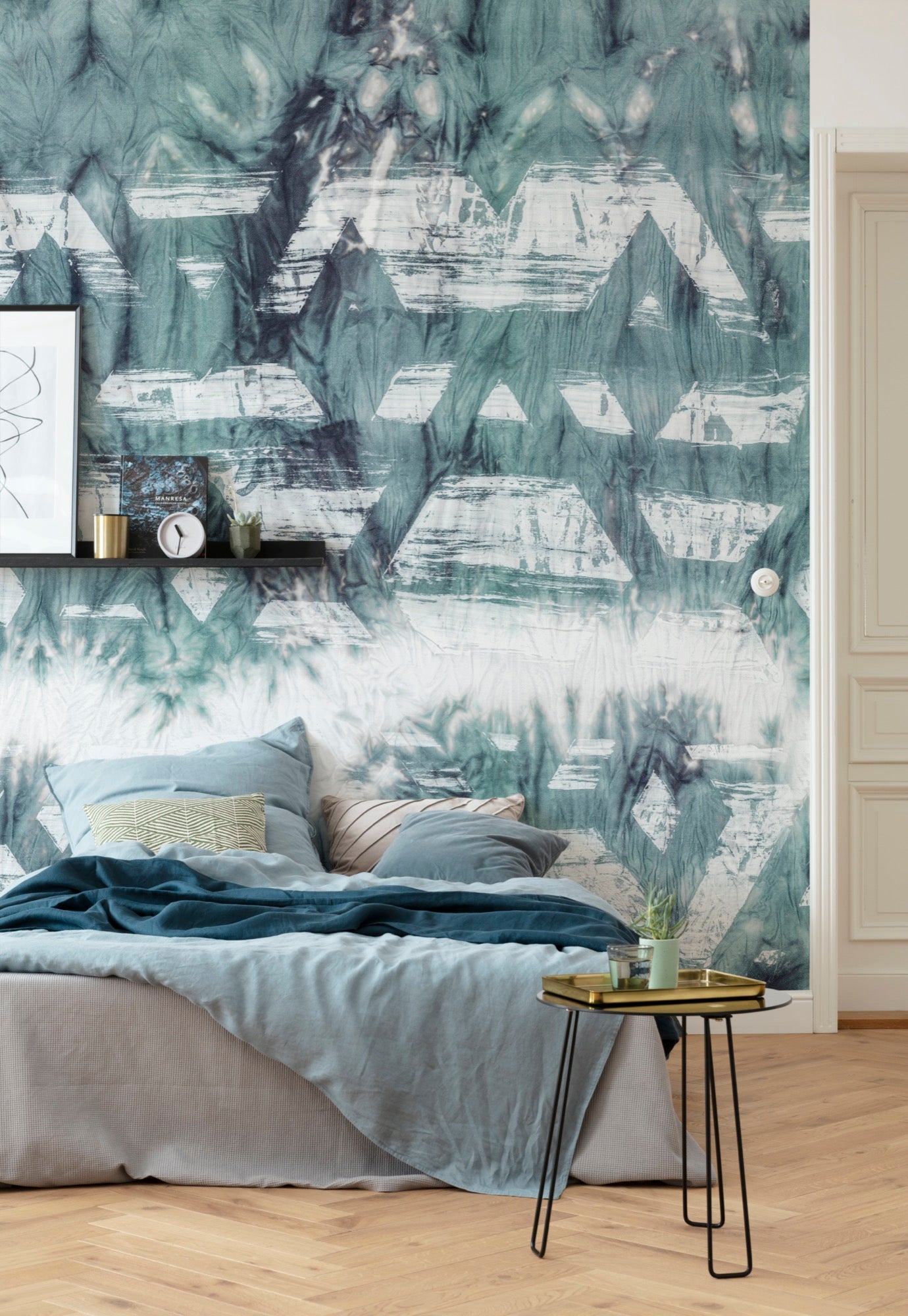 Fototapeta motyw shibori tie-dye niebiesko-zielonym - 350 x 280 cm - SANDERS &amp; SANDERS