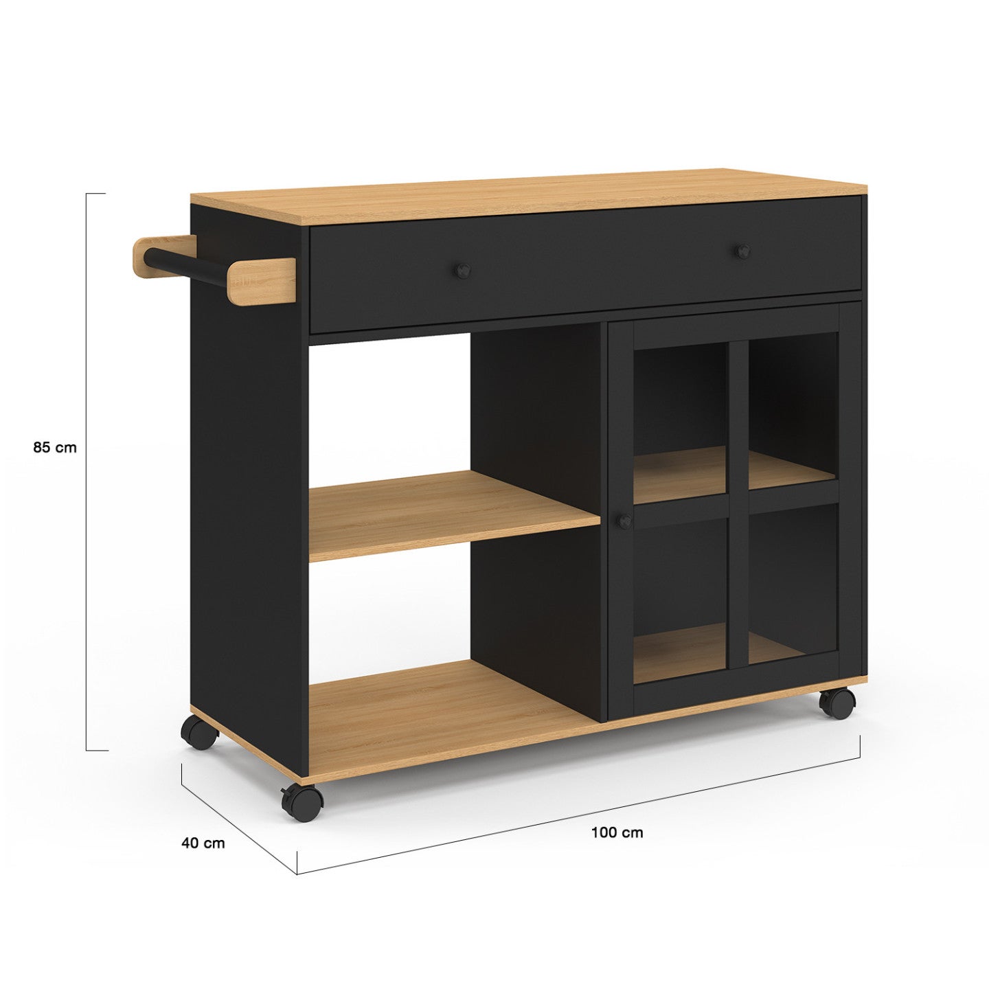 Desserte de cuisine ACHILLE XXL avec étagère et placard vitré bois et noir L. 100 CM - 5