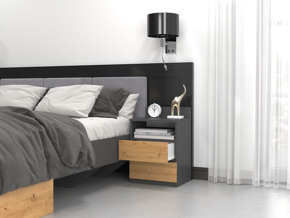ASTER T1 - Table de chevet avec 2 tiroirs - 59x40x32 cm - Table de nuit - Style scandinave - Gris&Chêne - 7