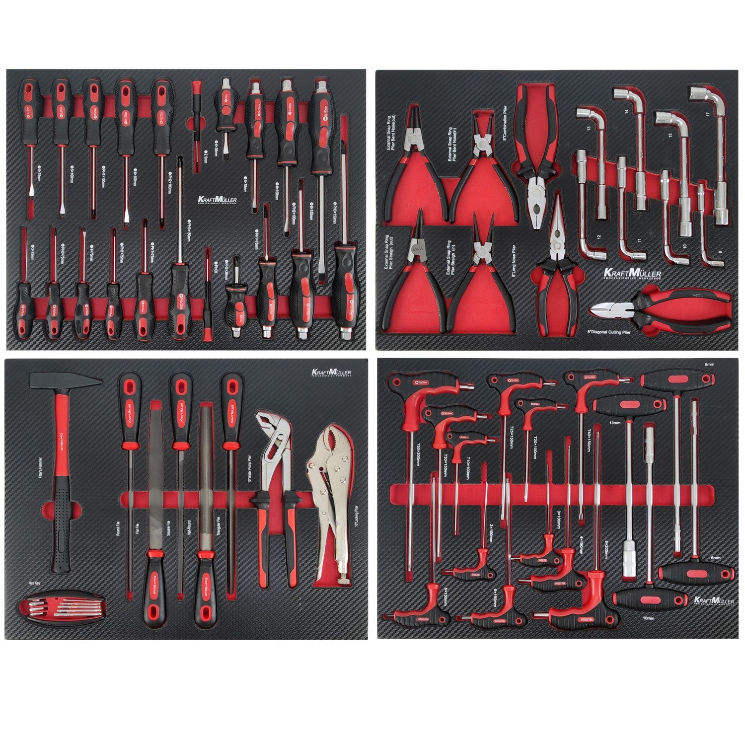 Servante d'atelier Kraft Muller KM-XXL PRO II TOOLS - 257 outils - Clé dynamo - 7 tiroirs, 1 coulissant, Roulettes, Black Red - 4