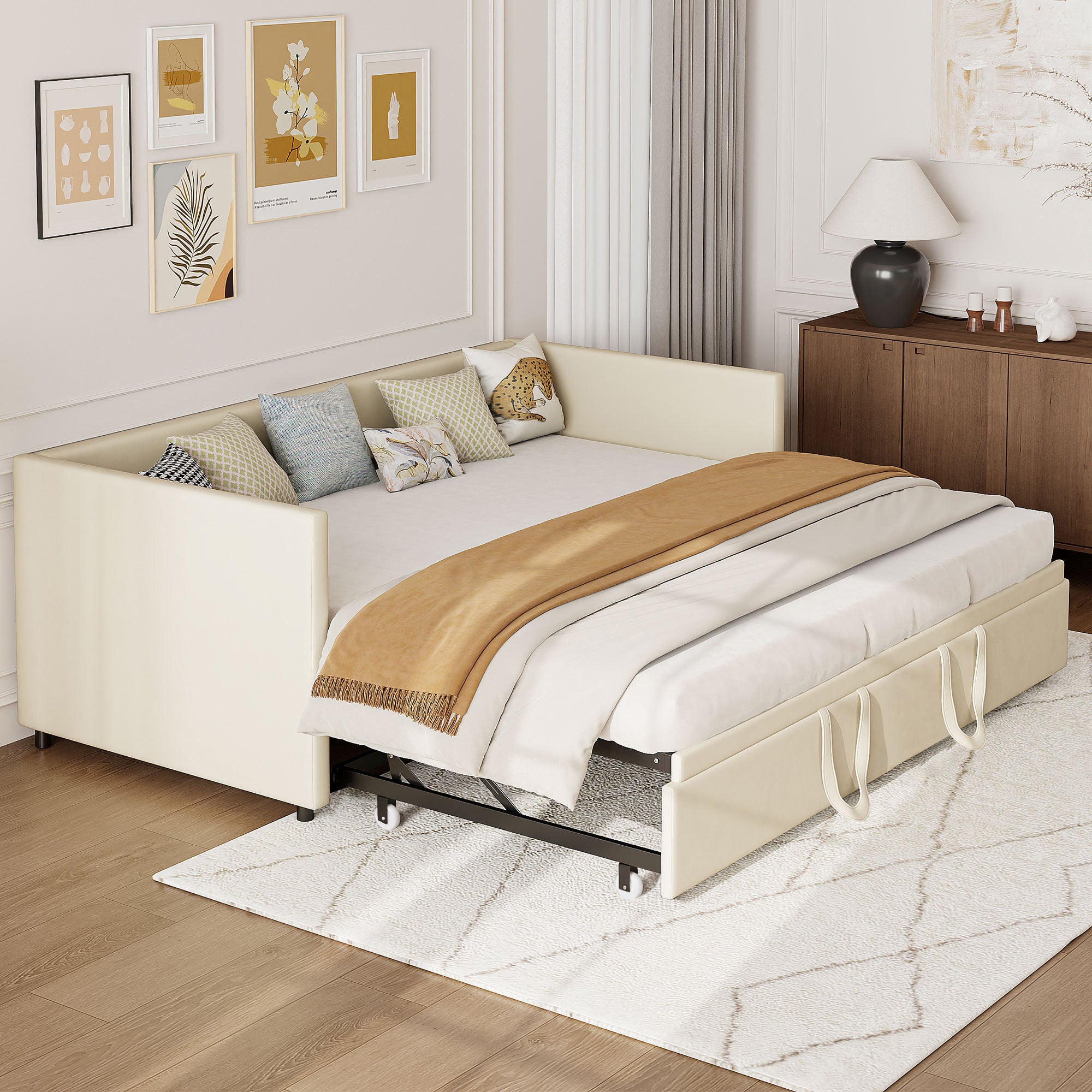 Canapé lit convertible 90x200 / 180x200 cm, lit banquette 2 places avec sommier à lattes, lit extensible, lit escamotable - Beige,Sans Matelas - 6