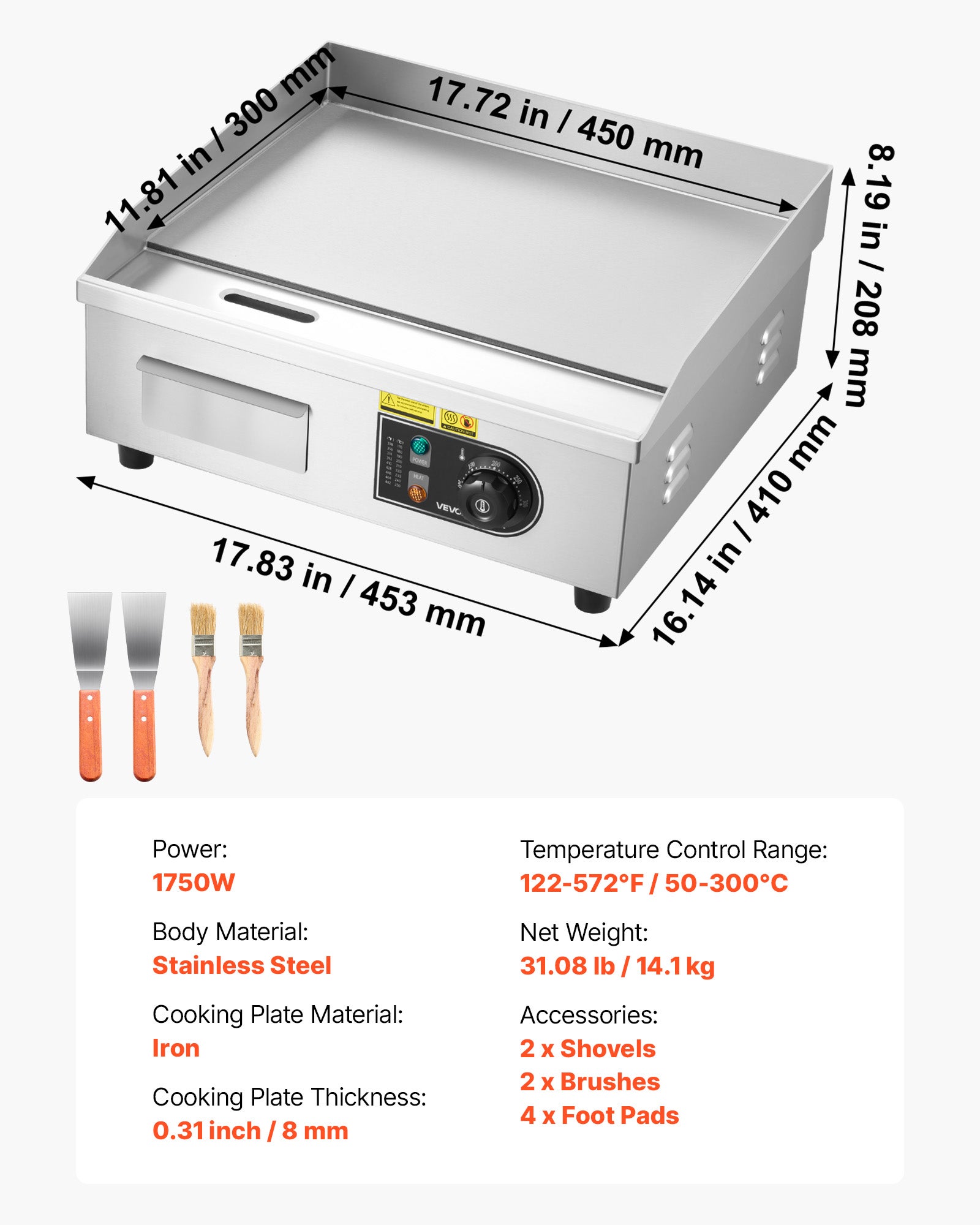 Plancha Électrique VEVOR 2800 W 45x30 cm, Plaque à Snacker avec Température Réglable 50 à 300 °C, Plaque Cuisson Lisse, avec 2 Spatules et 2 Pinceaux - 7