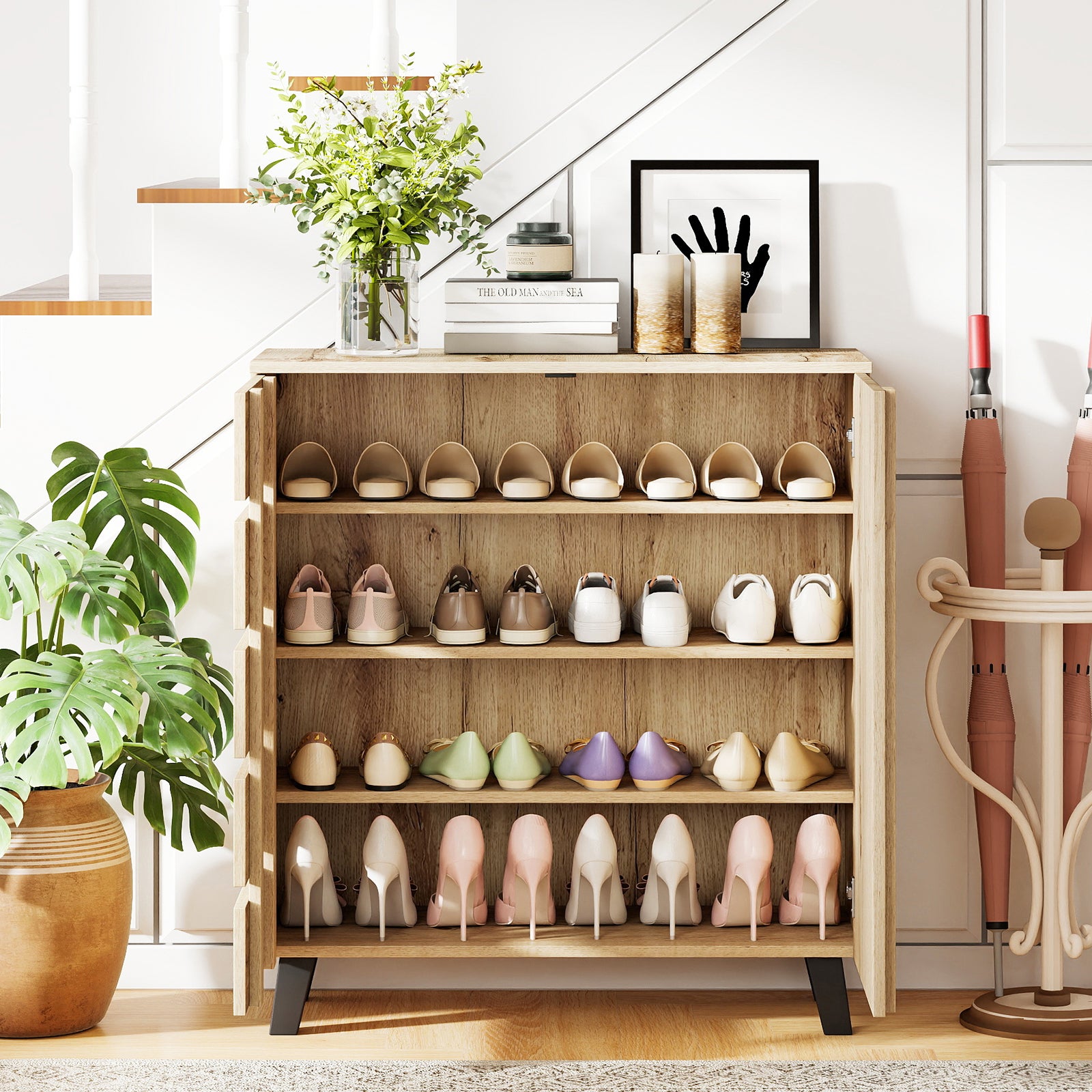 Armoire à Chaussures 4 Niveaux, Organisateur de Rangement avec Porte à Persiennes et étagères Amovibles, Armoire à Chaussures en Bois Style Ferme - 8