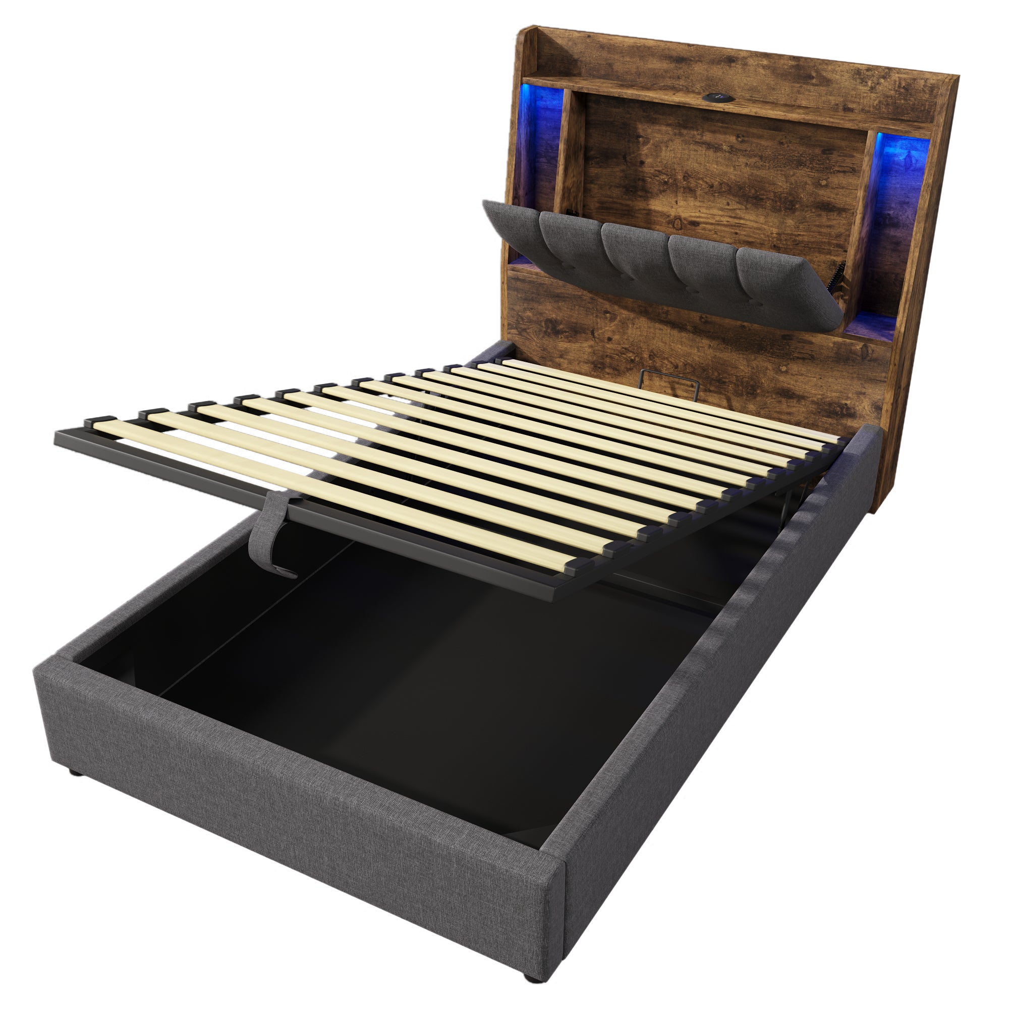 letto contenitore 90x200 cm con LED e porte USB-C lino MDF grigio senza materasso - 6