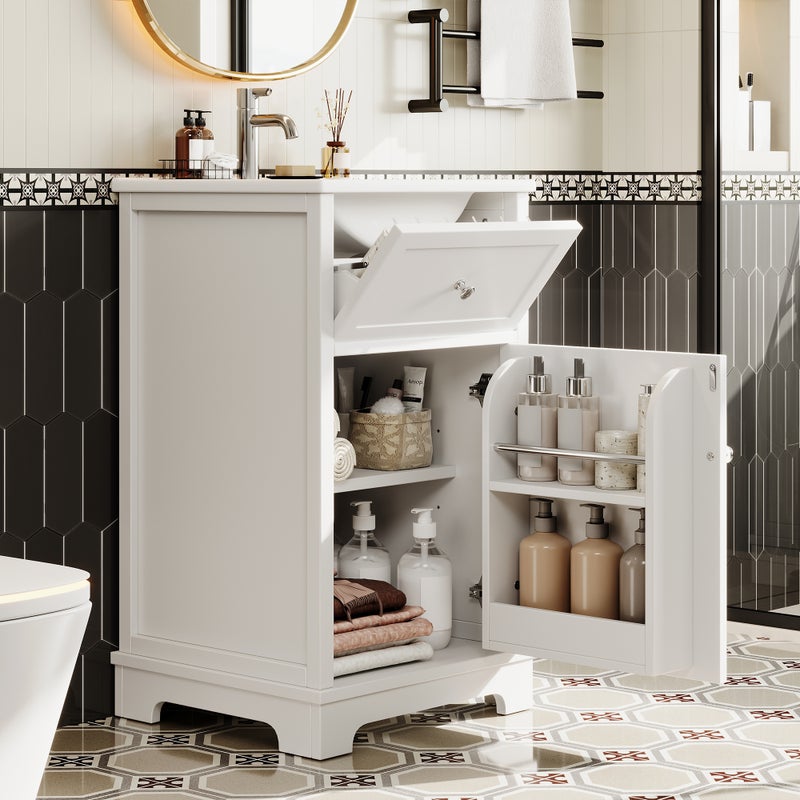 Szafka łazienkowa z pojedynczą umywalką, niska szafka z ceramiczną umywalką i 2 drzwiami - 51 x 46 x 87 cm - MDF - biała