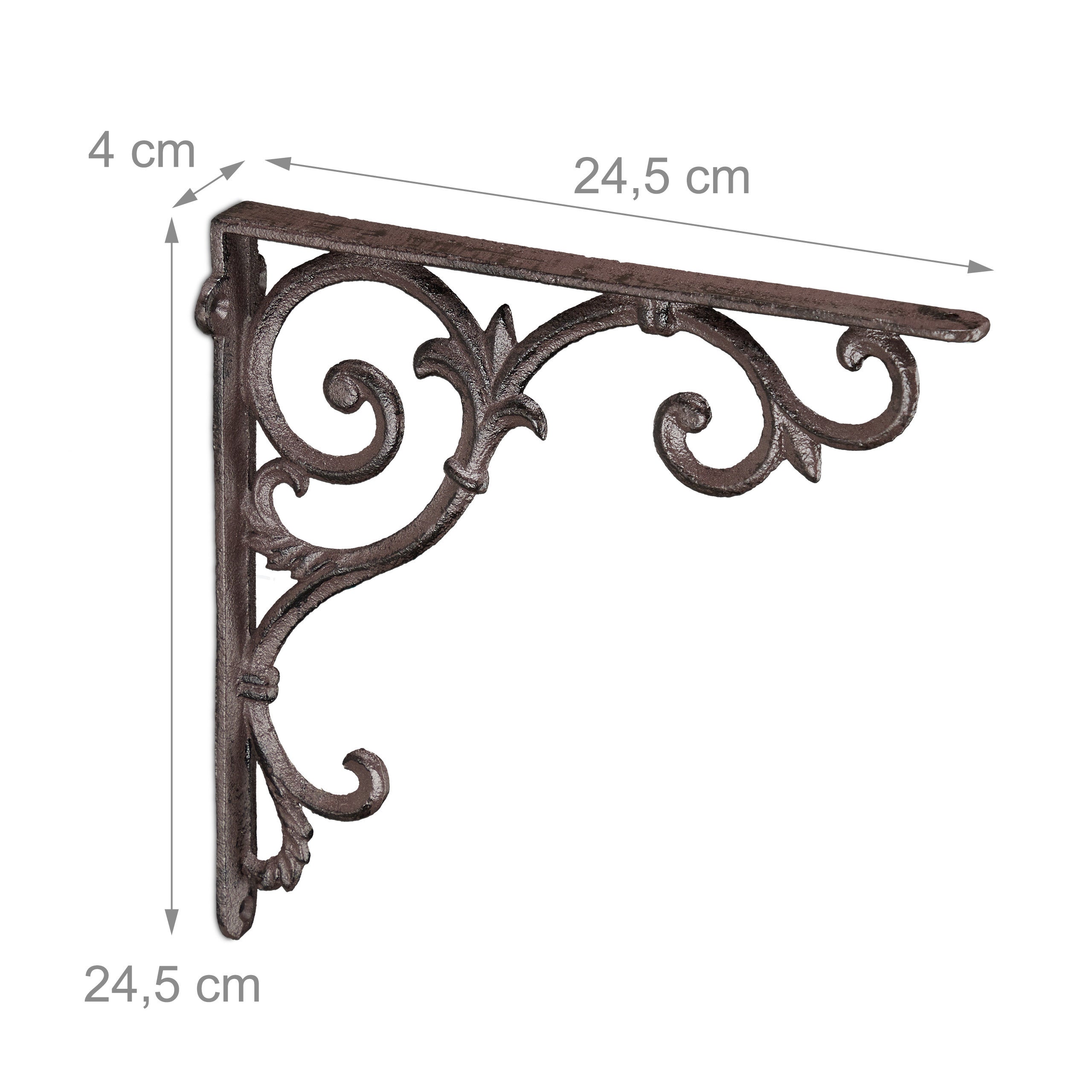 Équerres pour étagère murale, lot de 2, taille M, 24,5 x 4 x 24,5 cm, fonte marron à ornements baroques, style vintage, Relaxdays - 4