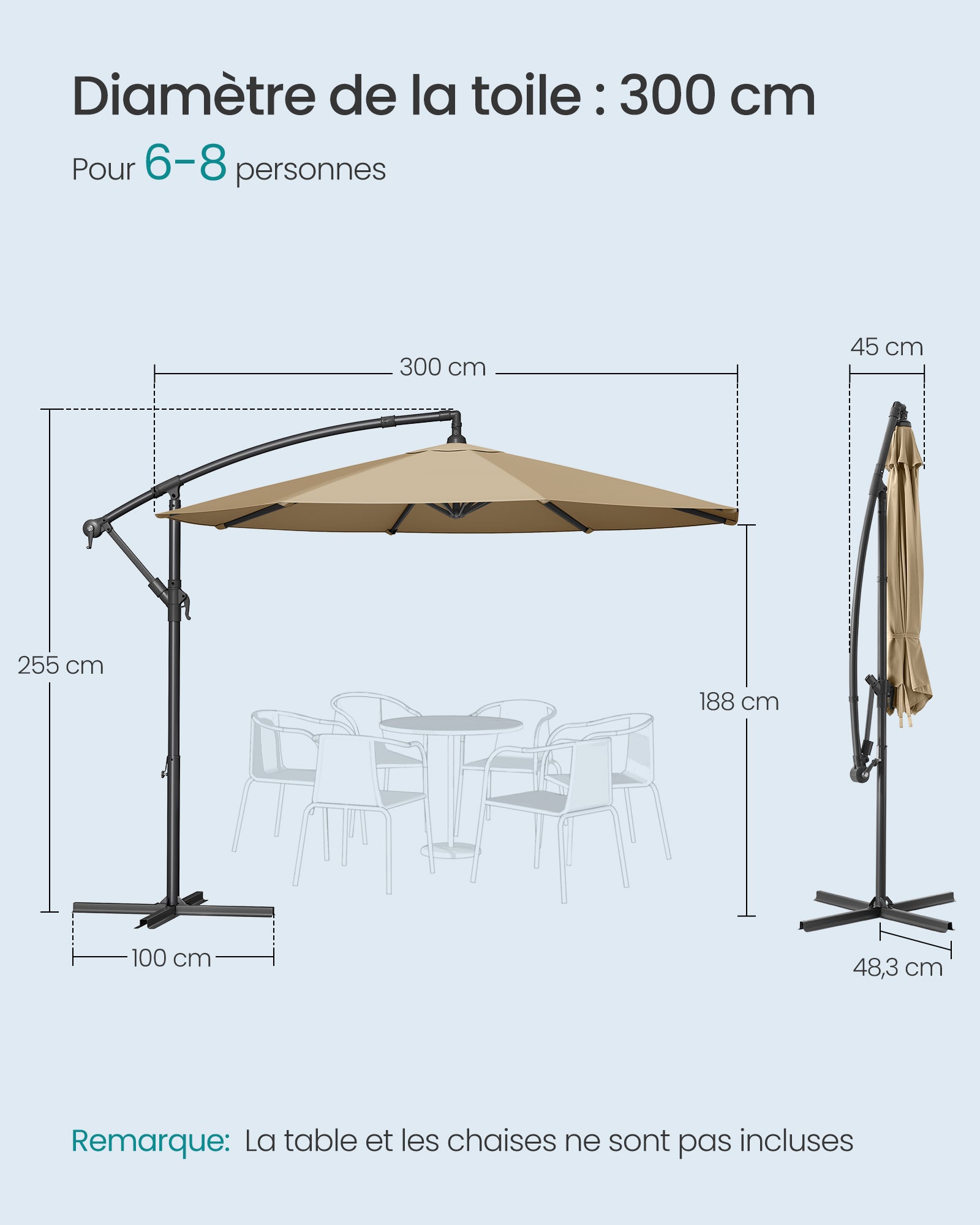 Parasol de Jardin Extérieur Déporté 300cm, avec Base, UPF 50+ Protection Solaire ,Taupe - 5