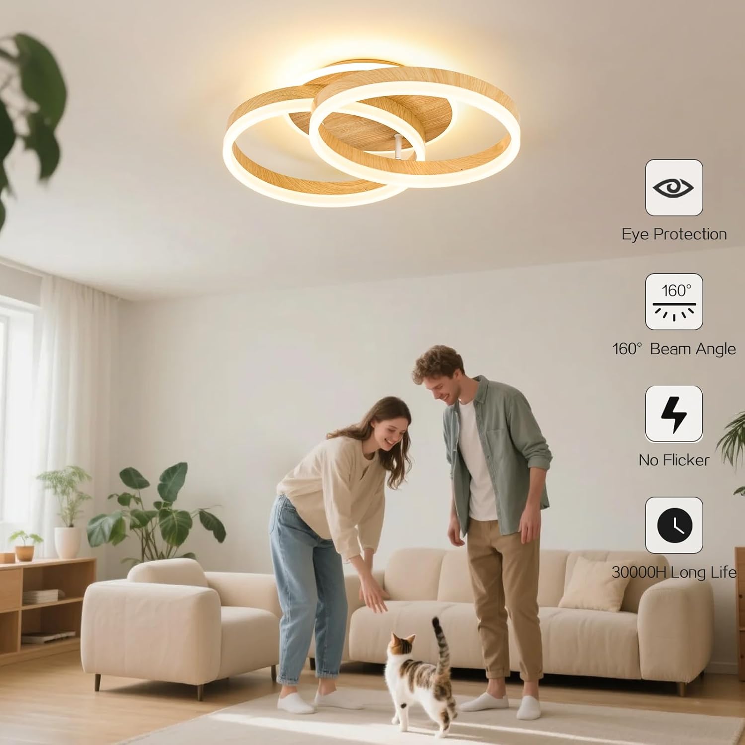 Amdelne Plafonnier LED 2 Anneaux Ø50cm 36W, Design Moderne, Dimmable avec Télécommande, Métal+Acrylique, Effet Bois, Salon/Chambre/Salle à manger - 3