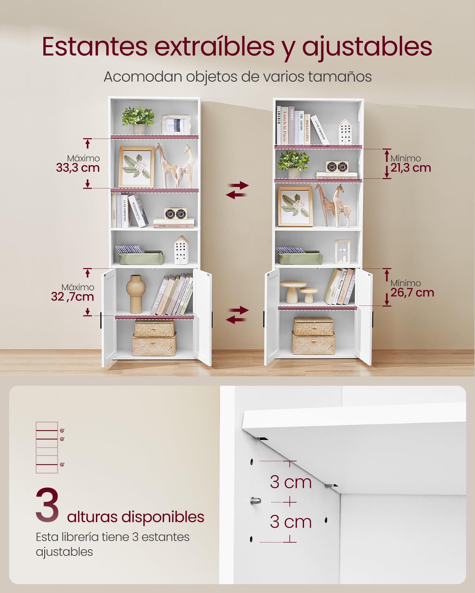 Estantería de 6 niveles, con puertas, 60 cm de ancho, estilo industrial, para salón, blanco - 3
