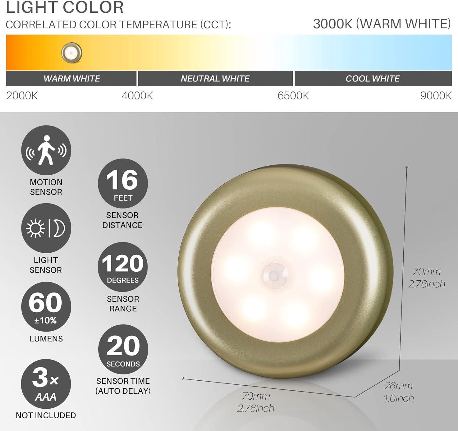 Veilleuse,Lot de 3 lampes LED avec détecteur de mouvement d'intérieur, amovibles, alimentées par piles, pour garde-robe, escaliers, placard, cuisine - 4