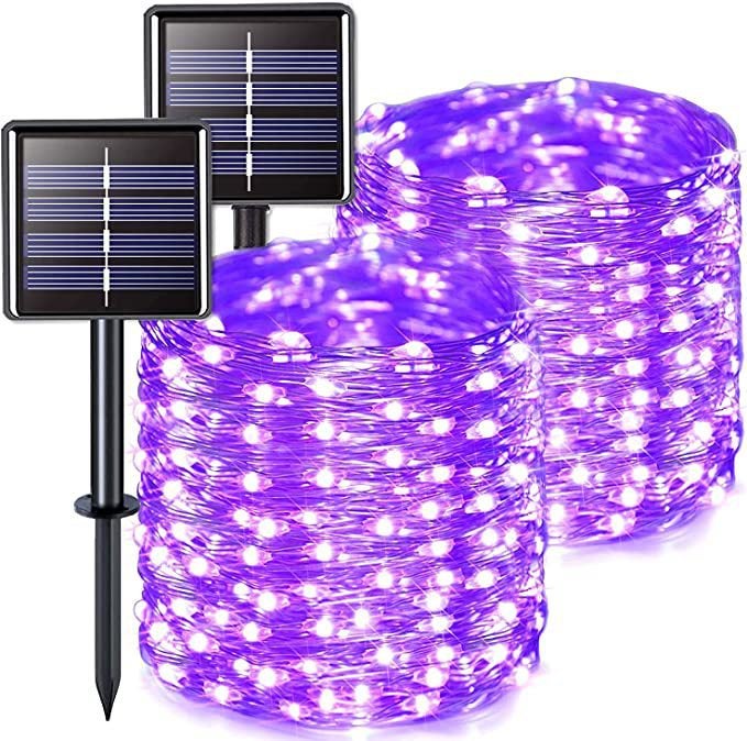 Zestaw 2 zewnętrznych lampek solarnych, drut miedziany, wodoodporny, 12 metrów na lampkę, 100 diod LED (światło fioletowe)