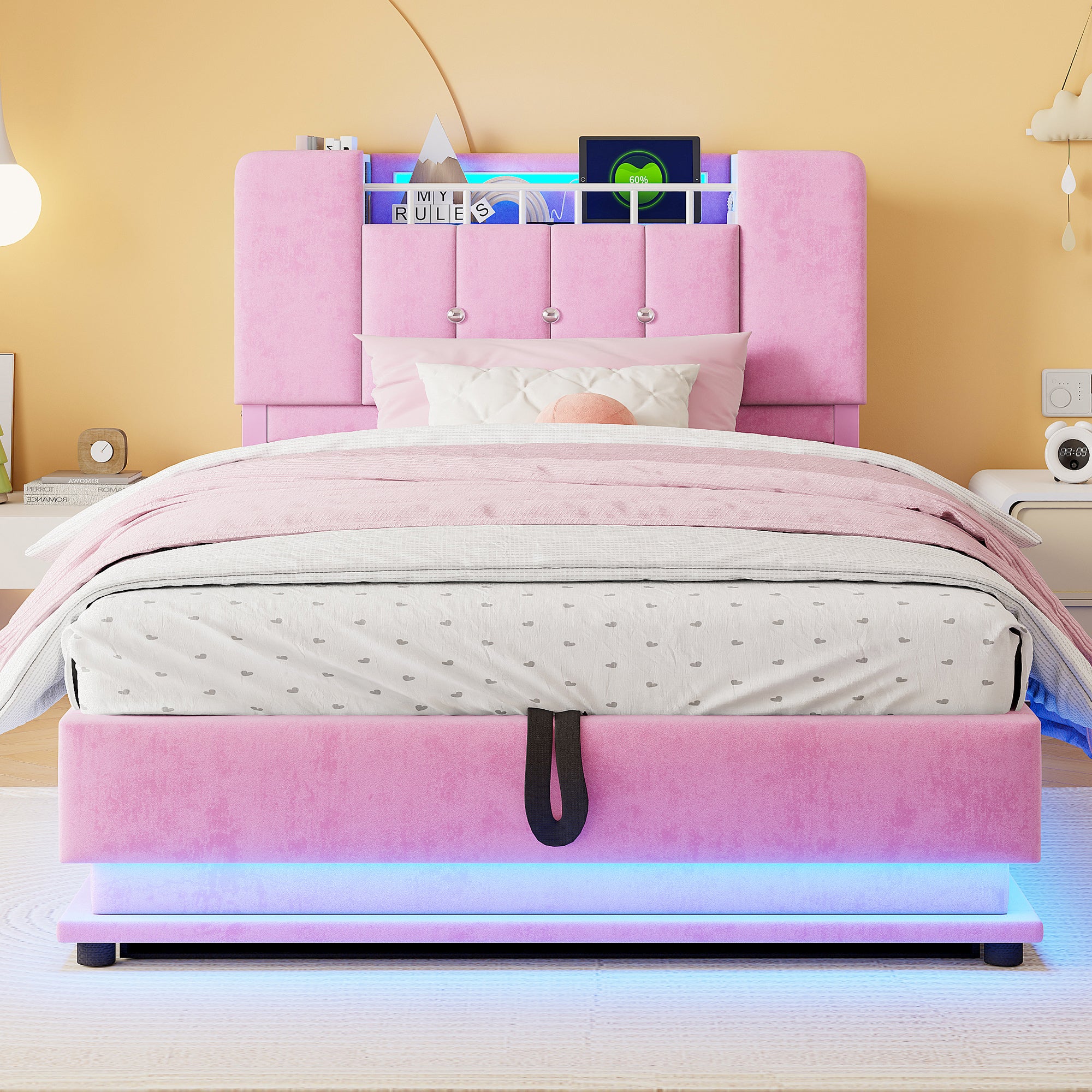 Łóżko z pojemnikiem na pościel 90 x 200 cm i zagłówkiem - Tkanina aksamitna - Diody LED - Porty USB - Różowe (Materac nie jest dołączony) - 4