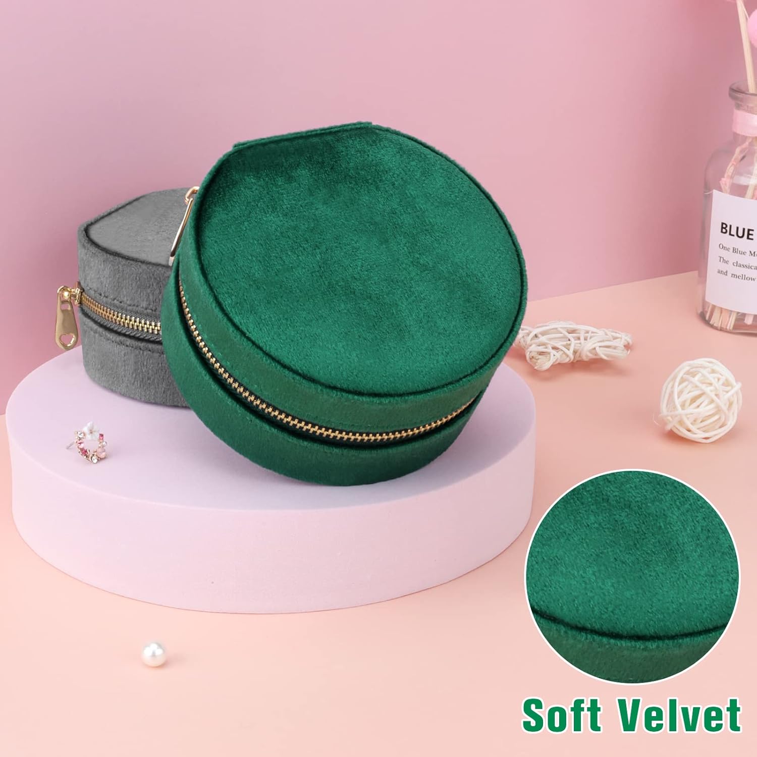 Mini coffret à bijoux de voyage en velours, Boîte à bijoux de voyage, Petit organisateur de bijoux pour bagues, Vert foncé - 4