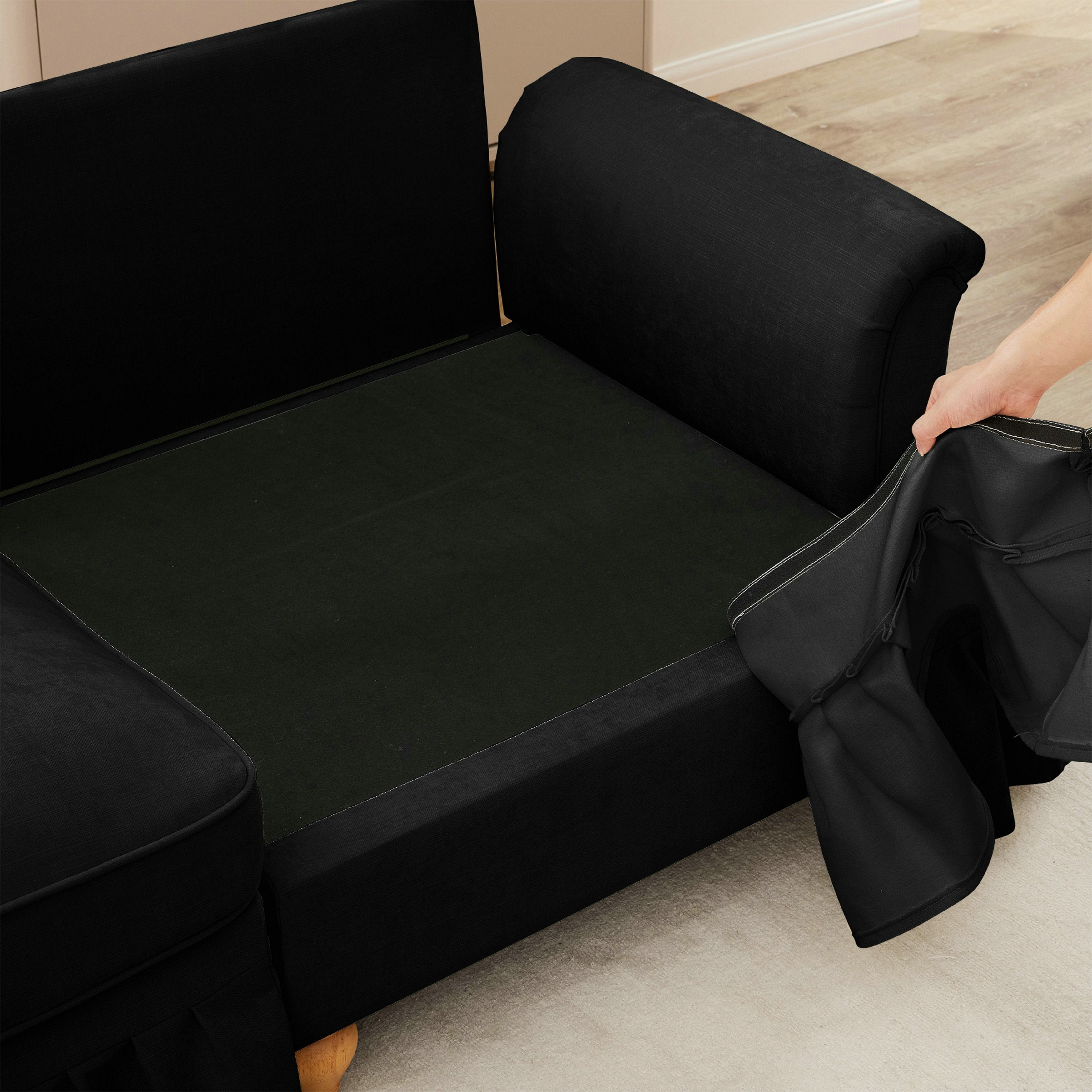 Canapé 3 places élégant style Mid-Century - avec accoudoirs évasés - jupe à volants amovible - en chenille confortable - noir - 5