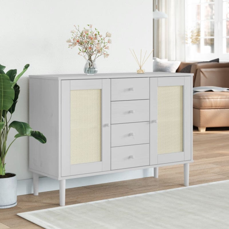 Buffet SENJA aspect rotin blanc 90x40x112cm bois massif de pin - EAN