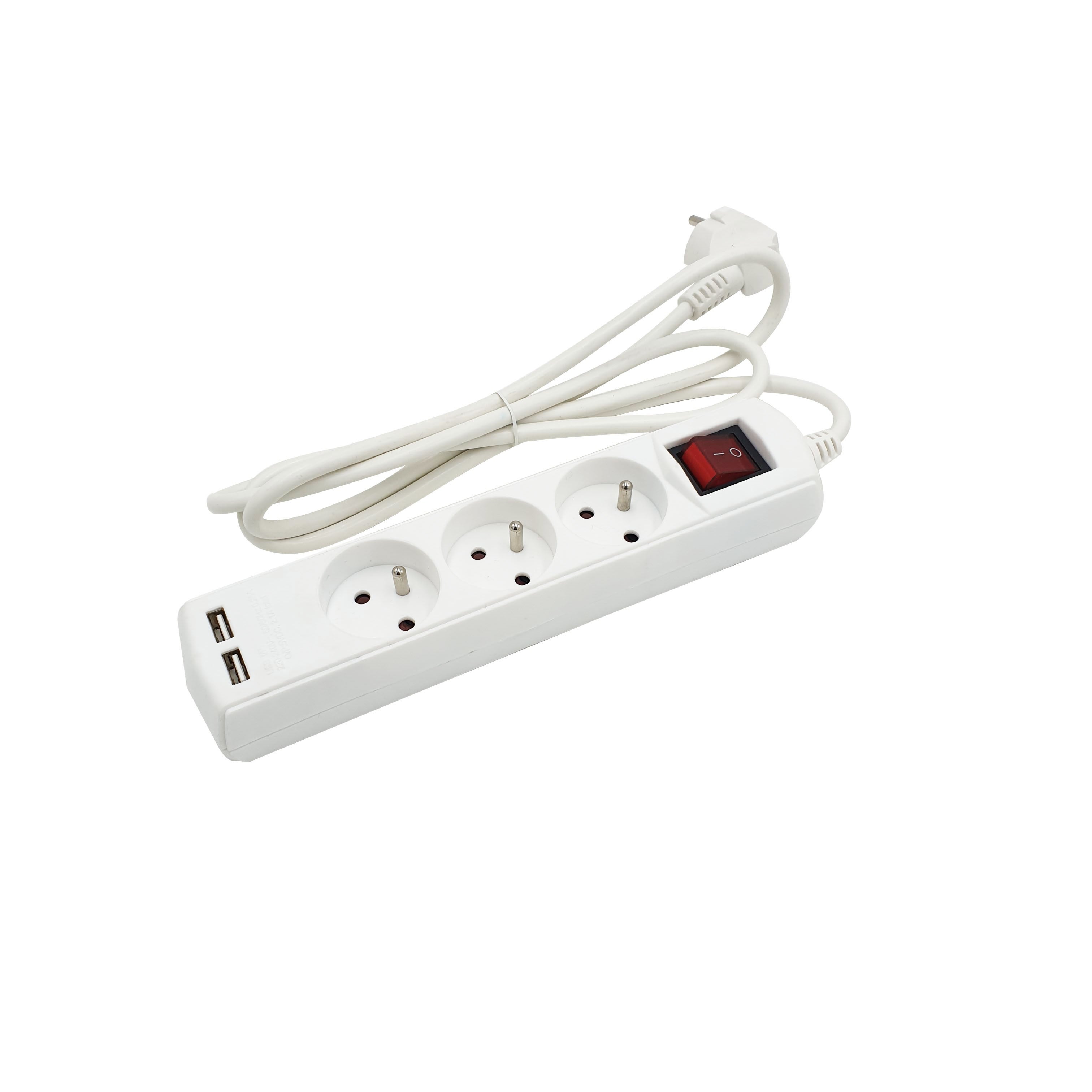 Multiprise française avec 3 sorties 2P+T et 2 prises USB. Câble de 1,5 m - 6