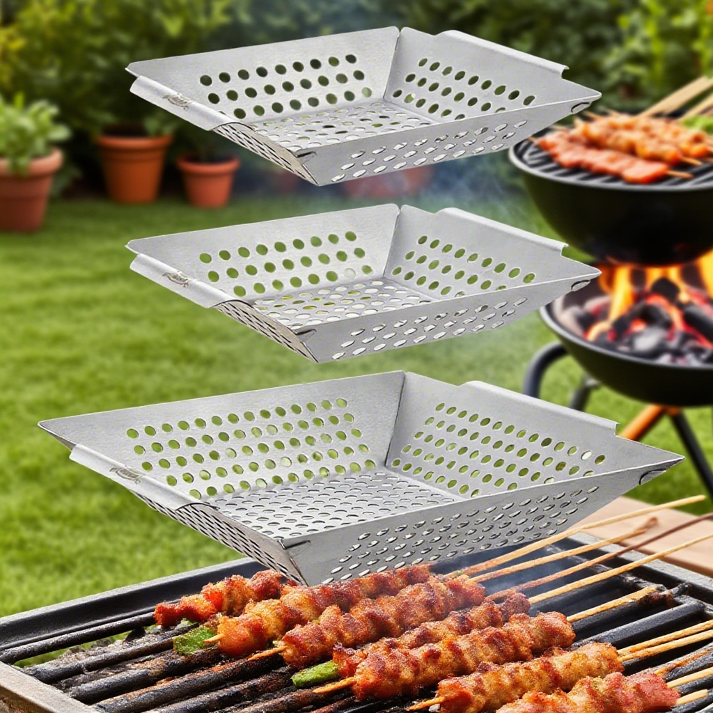 3-częściowy koszyk do grillowania, regulowany mechanizm blokujący, odpowiedni do grilli i palenisk (2 małe + 1 duży)