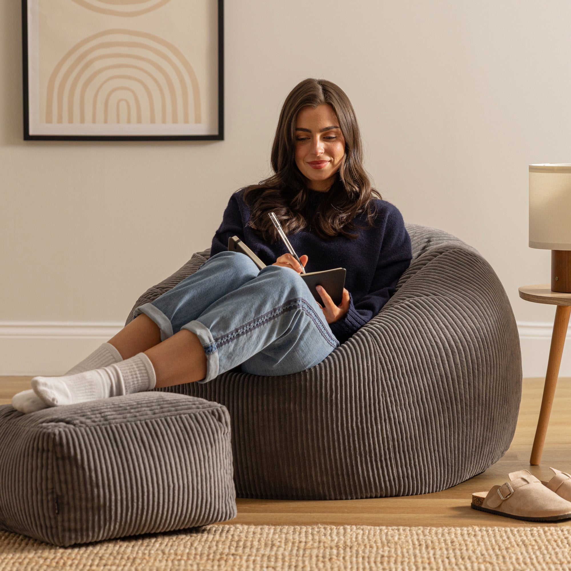 Pouf avec repose-pied Icon, salon, chambre, velours côtelé gris anthracite, 85x85cm, Made in Allemagne, Oeko-Tex® - 3