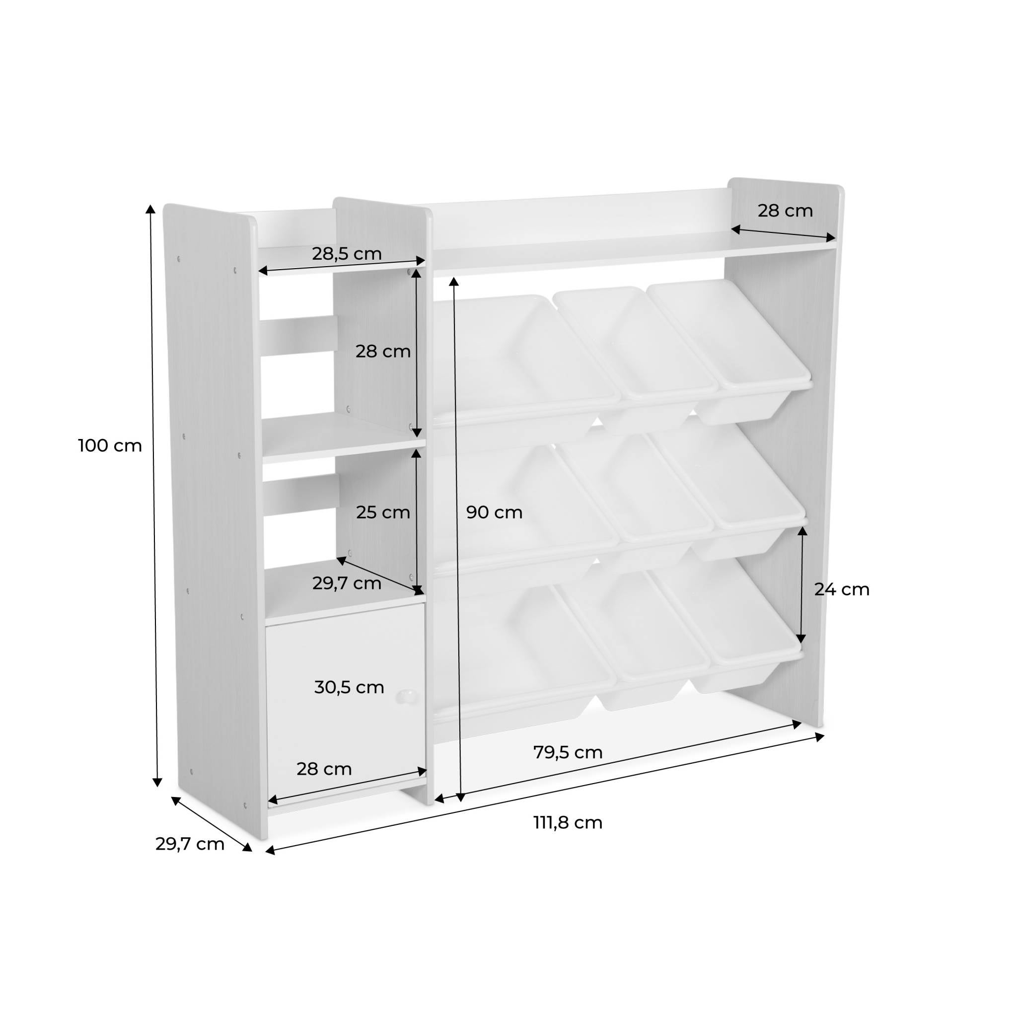 Arrumação para crianças com 9 caixas de arrumação, 4 prateleiras, 1 porta, Sora, Branco, 111.8x29.7x100 cm - 4