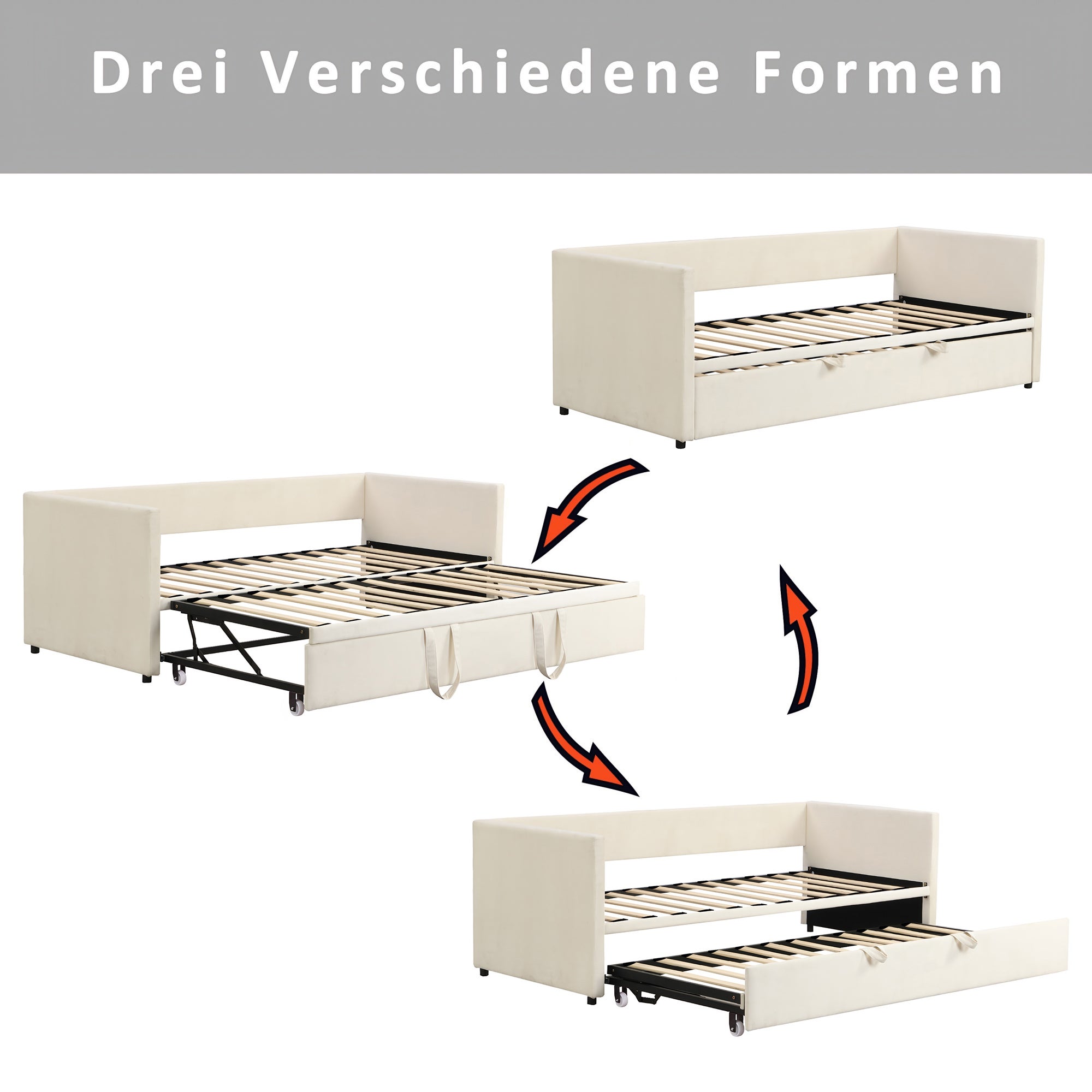 Canapé lit convertible 90x200 / 180x200 cm, lit banquette 2 places avec sommier à lattes, lit extensible, lit escamotable - Beige,Sans Matelas - 4