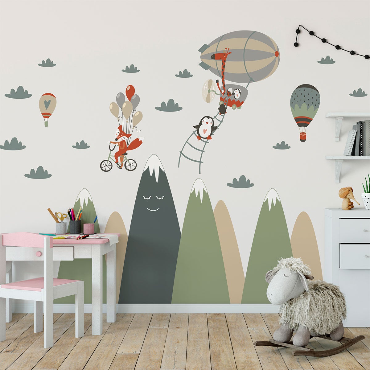 Vinilo niño escandinavo de montaña acróbatas animales - adhesivo de pared - revestimiento sticker mural decorativo - 120x180cm