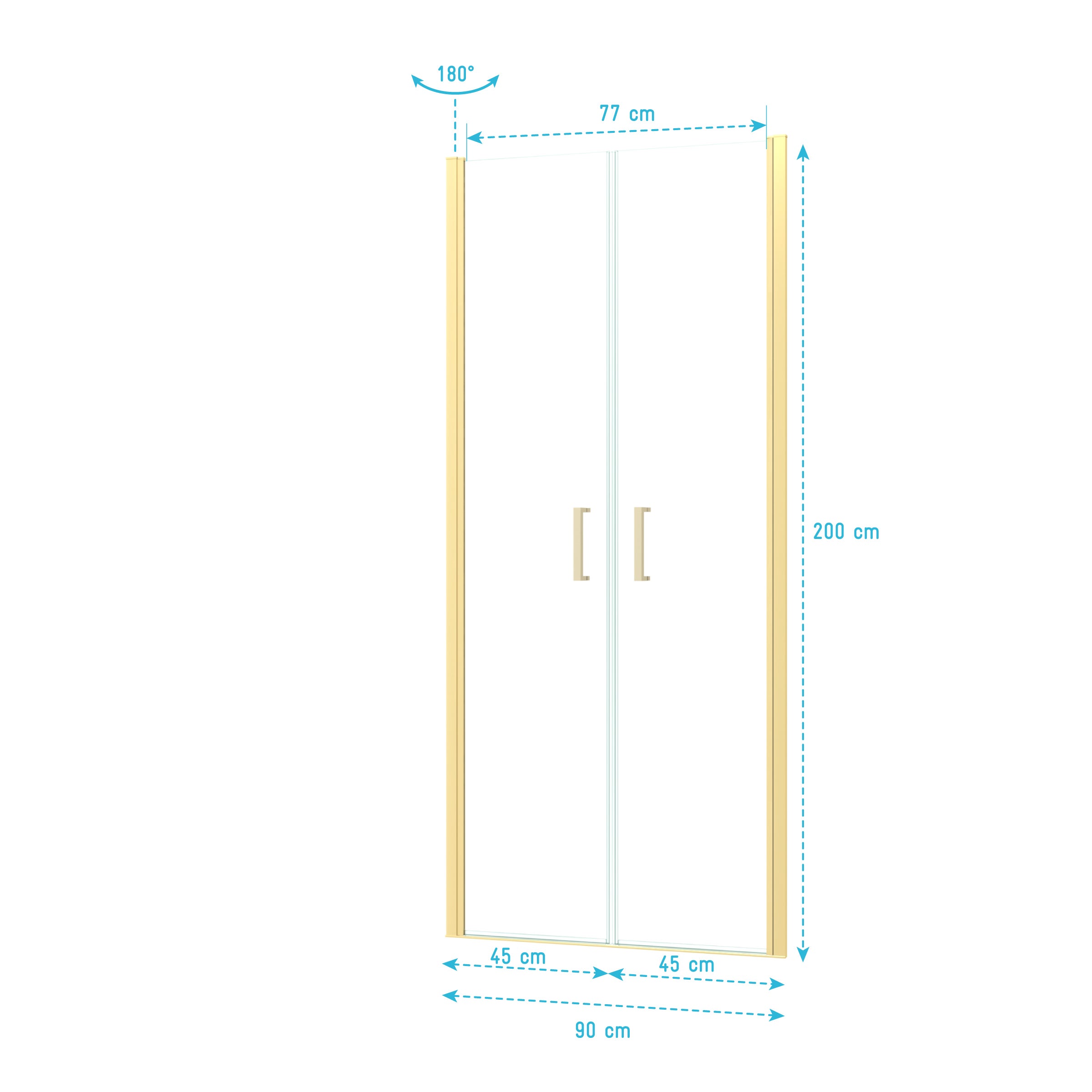 Porte de Douche Double Battant 90x200cm - Verre Trempé Transparent 6mm - Profil Or Doré Brossé - 5