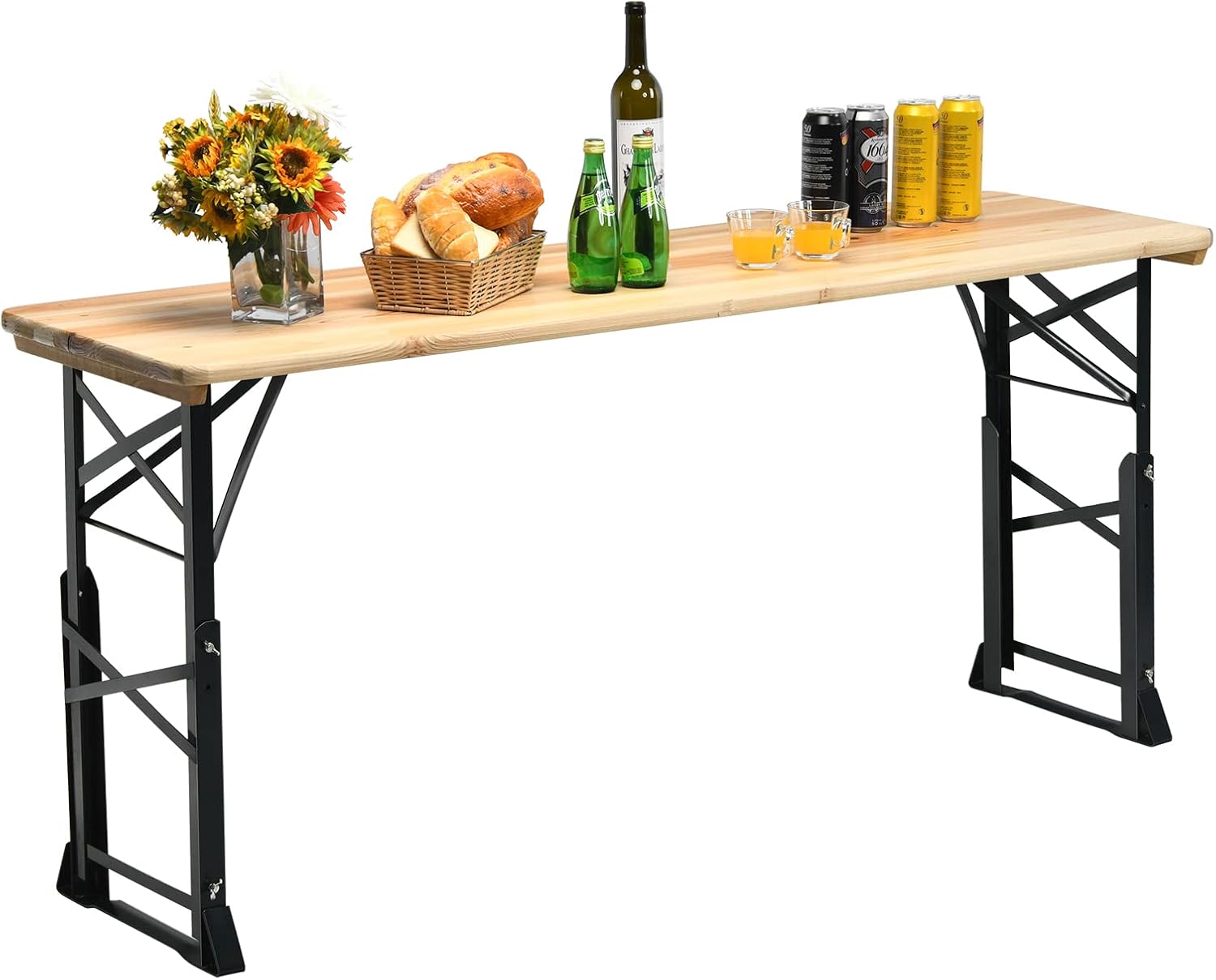 Składany Stół Piknikowy z Regulowaną Wysokością, Drewnianym Blatem i Otworem na Parasol, Przenośny Składany Stół do Jedzenia na Kempingu, Imprezę