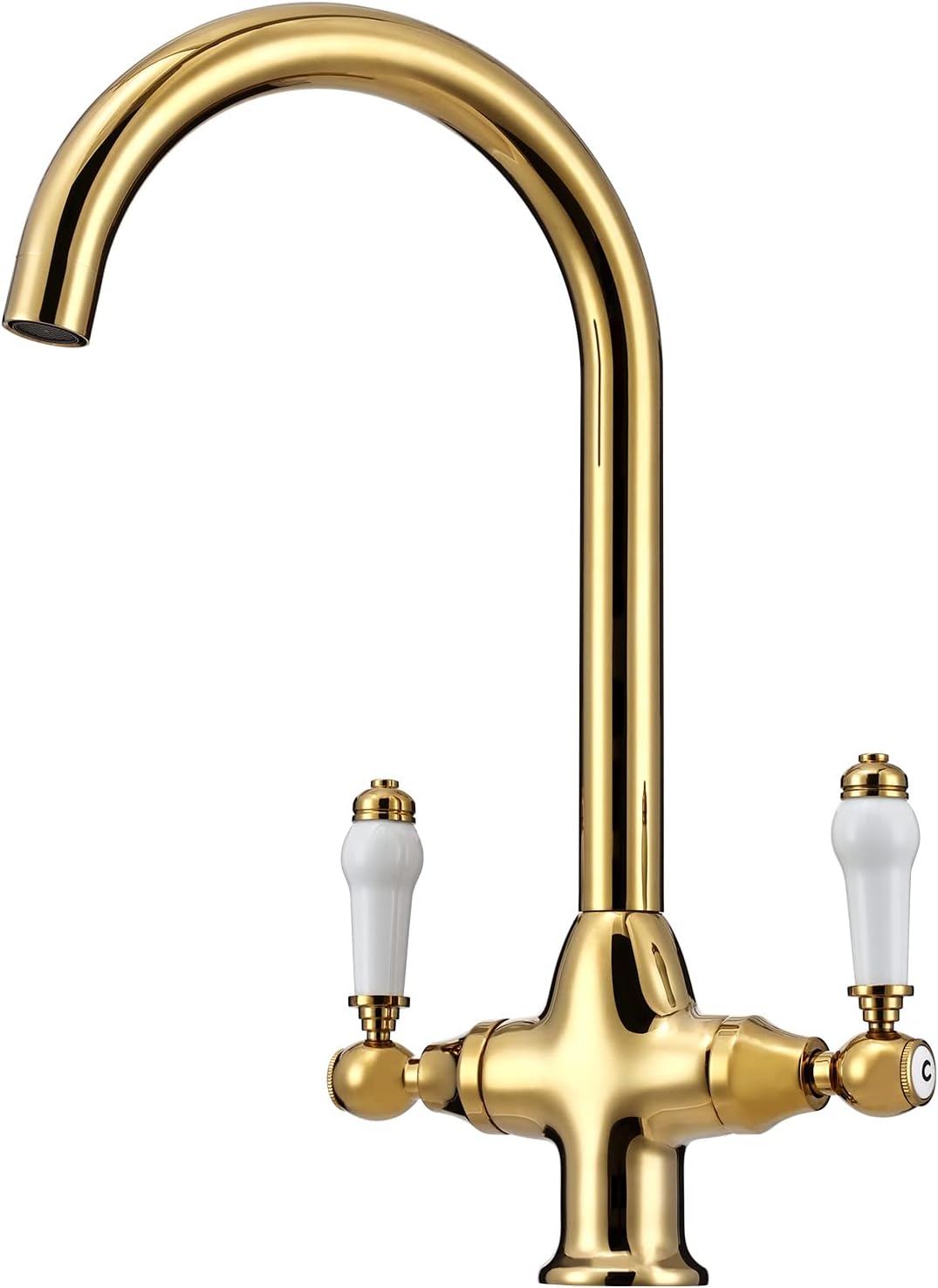 Bateria zlewozmywakowa z podwójną białą ceramiczną rączką – obrotowa wylewka 360° z gęsią szyjką – bateria jednootworowa – błyszczące złoto