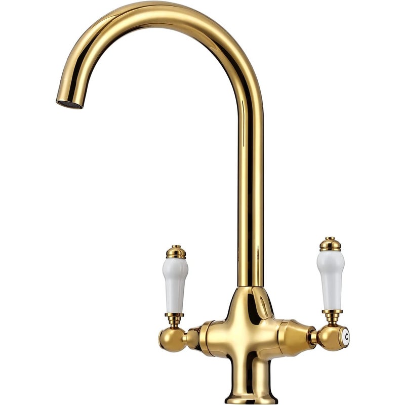 Bateria zlewozmywakowa z podwójną białą ceramiczną rączką – obrotowa wylewka 360° z gęsią szyjką – bateria jednootworowa – błyszczące złoto